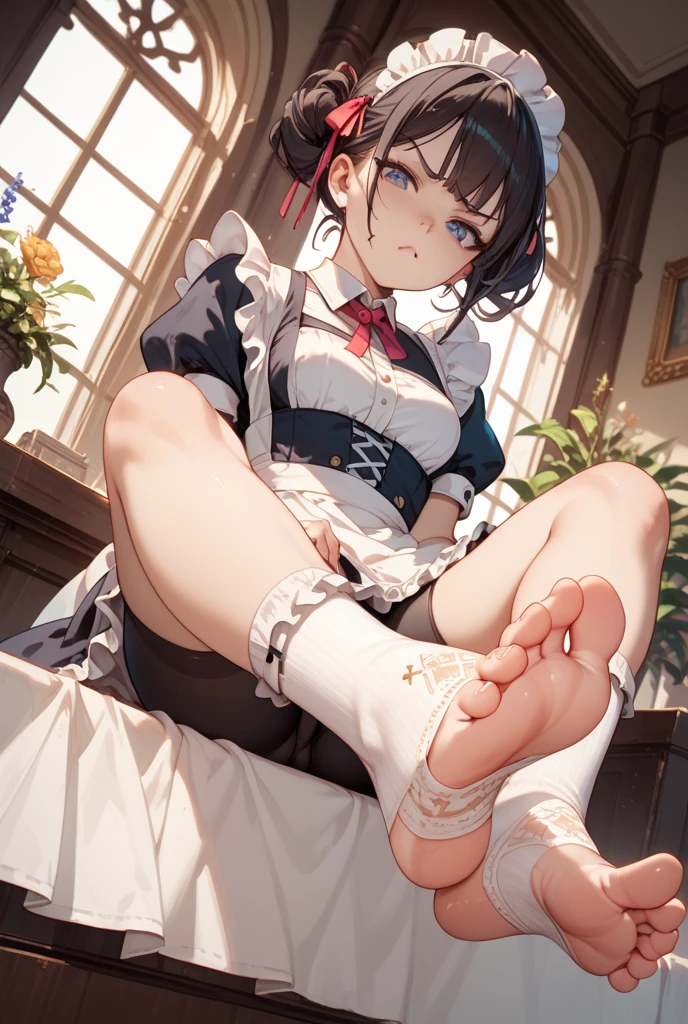 (footjob), Masterpiece、Highest quality、Highest quality, (long and thin legs, shoes:1.2), Arm behind wrist, squat、Spread your legs、1 girl, (smile、Open your mouth大笑い:1.2), Cute eyes, (Detailed face:1.3)、Open your mouth, The whole face turns red, alone, Big and ample breasts, (Straight bangs, bowl cut), White maid outfit、Side bust、Underbust、belly button、Walking through the mansion'corridor、nsfw、shoes下