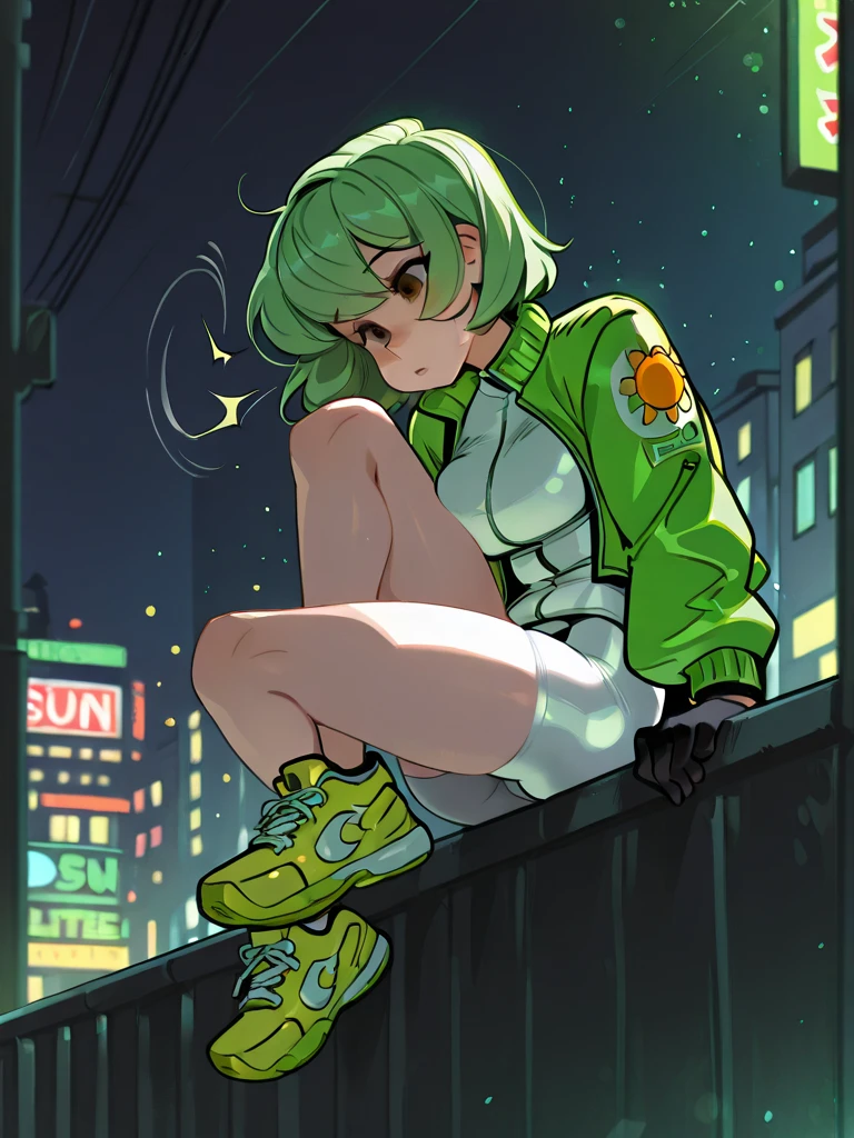 (Materpiece, complete body, best quality, good anatomy) 1 girl, solo, tanned skin, red lips, teal hair, multicolor hair, short hair, green eyes, yellow shirt, black legwears, platform shoes!!, happy, sitting, city park, night.