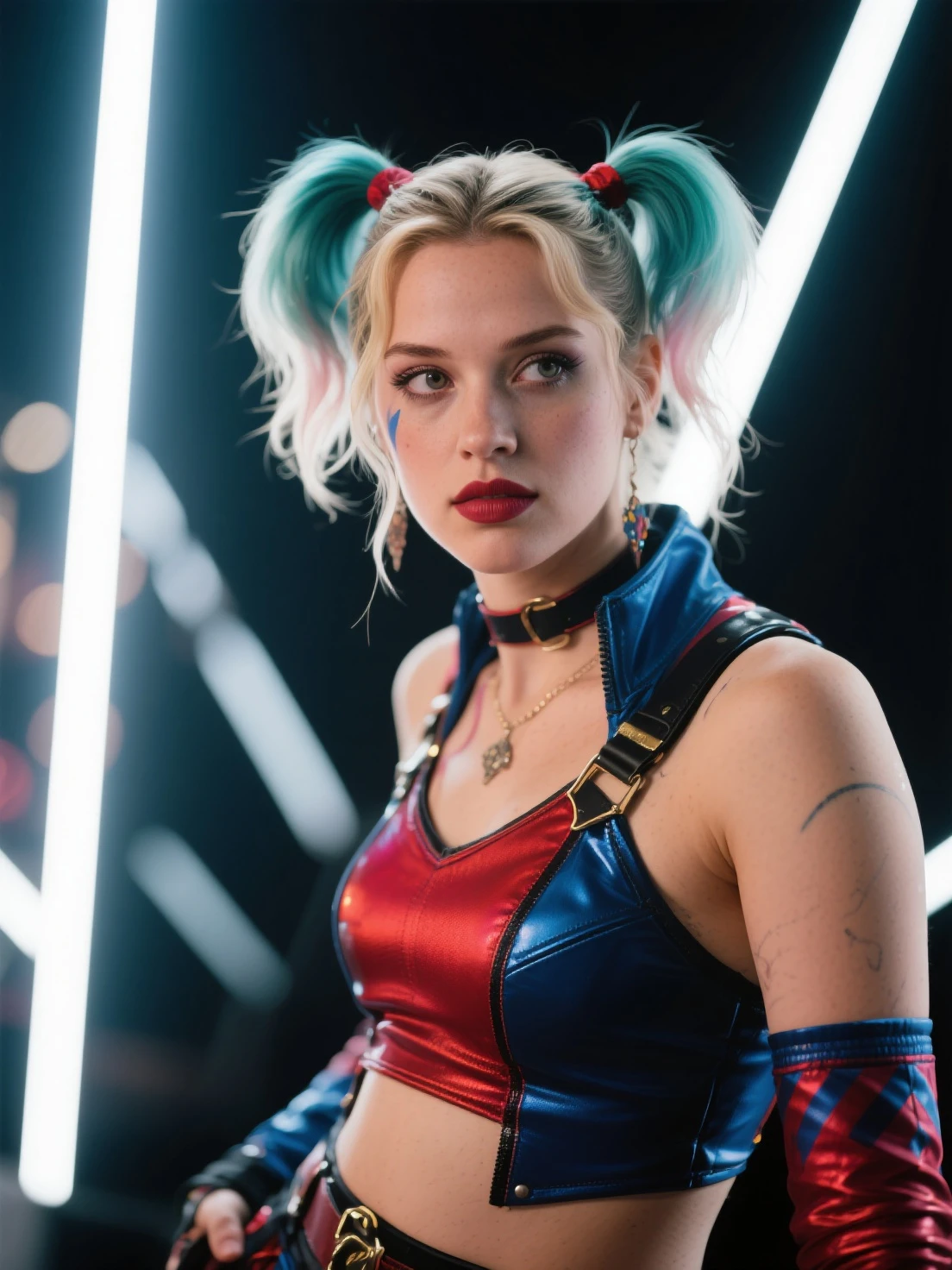 Portrait of Margot Robbie as a clown at a crowded party, in a closed black and red clown costume, Harley Quinn Style, Her face is lit up with neon lights, looks like Harley Quinn, purple, It stands, model shooting style (чрезвычайно подробные обои CG Unity 8k), Full-frame photograph of the world's most beautiful work of art, professional, trending on artstation, trending cgsociety, difficult, very detailed, clear focus, dramatic, photorealistic painting by Midjorney and Greg Rutkowski