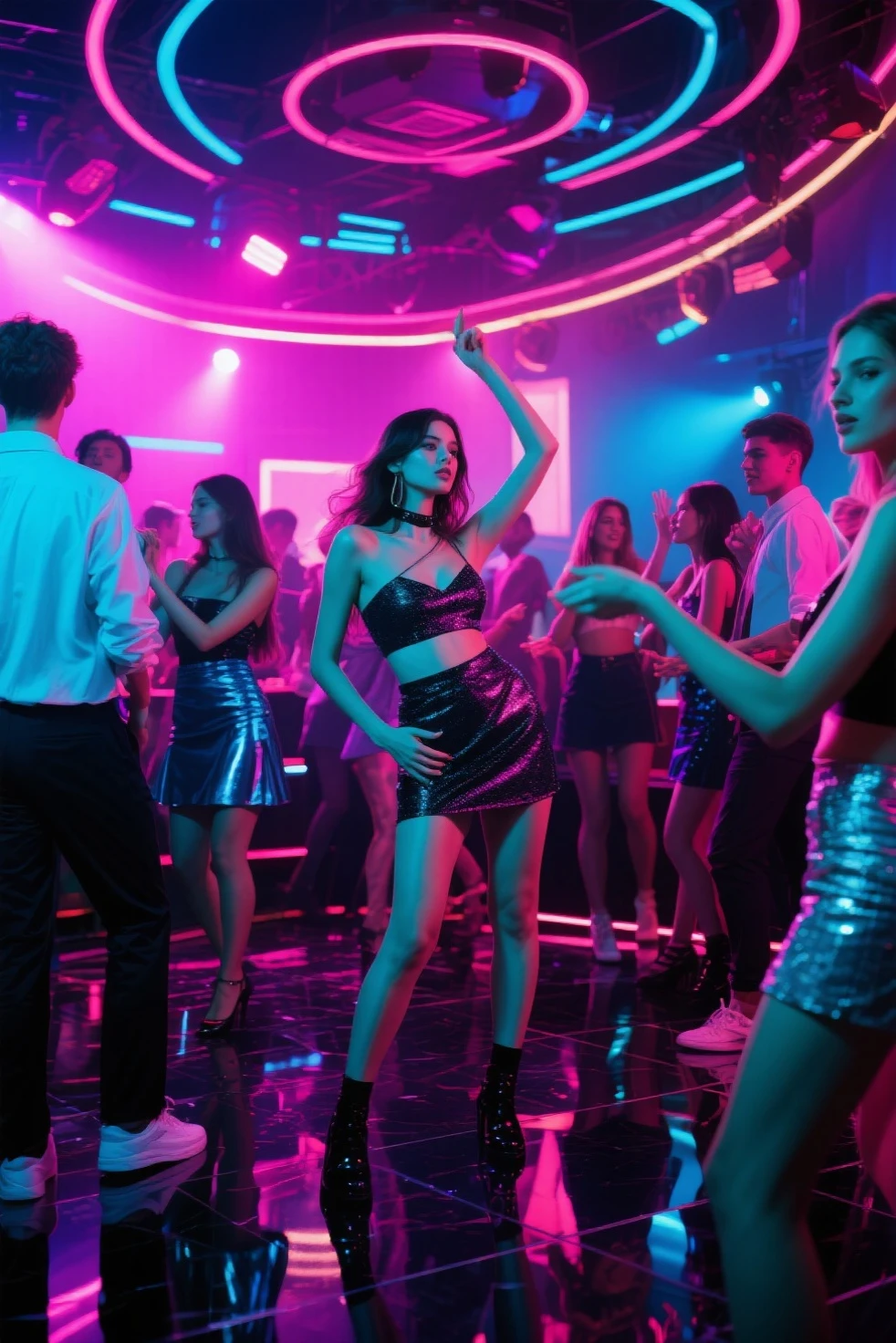 "Create a realistic illustration of a 25-year-old couple running quickly out of a nightclub, holding hands, looking like they are fleeing or hiding from someone. The man has short hair and is wearing a dress shirt and jeans. The woman has dark hair, an indigenous skin tone, a fuller body, is approximately 160 cm tall, and weighs 85 kg, wearing an elegant dress. The nightclub is filled with colorful lights and people dancing in the background. The lighting should reflect the lively atmosphere of the club, with flashing lights and a vibrant ambiance, emphasizing the urgency and tension of the couple running quickly."