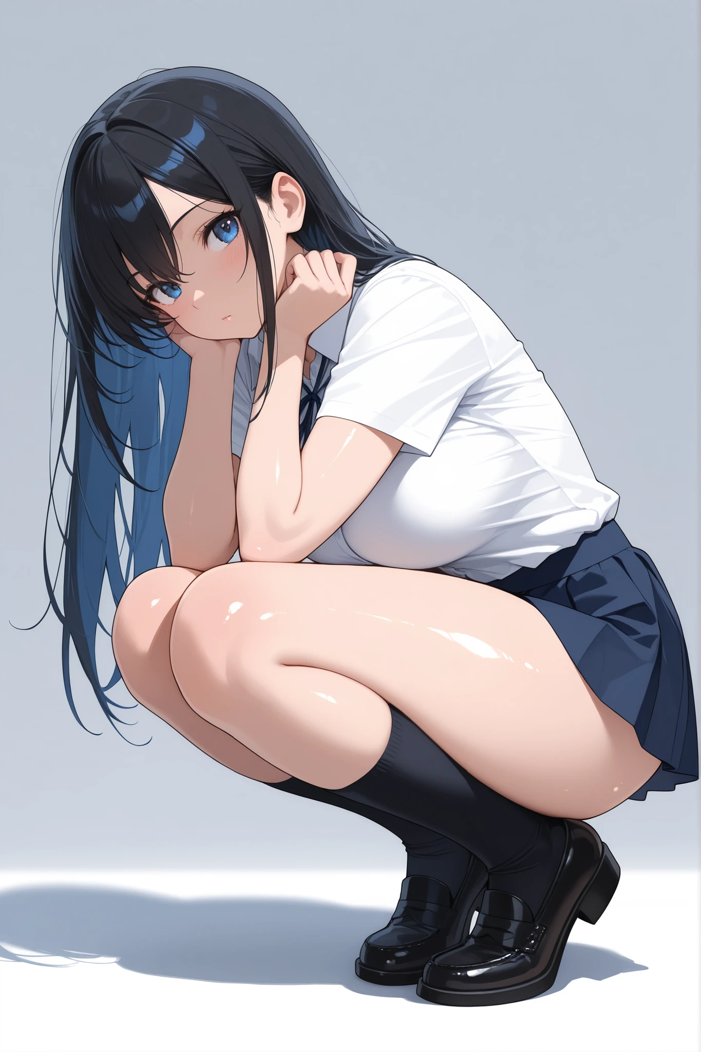 score_9, score_8_up, score_7_up,source_anime, high res image,masterpiece,best quality,adult woman,cute face,clear skin,shiny hair,ultra detailed eyes,simple background, panties,shirt, skirt,sitting