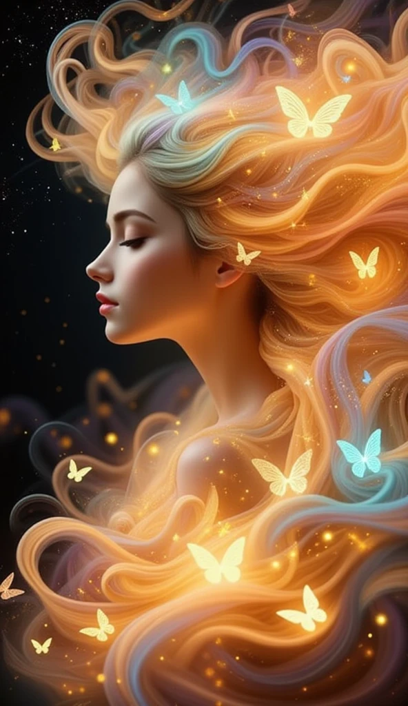 An enchanting and vibrant illustration of a young woman with flowing ...