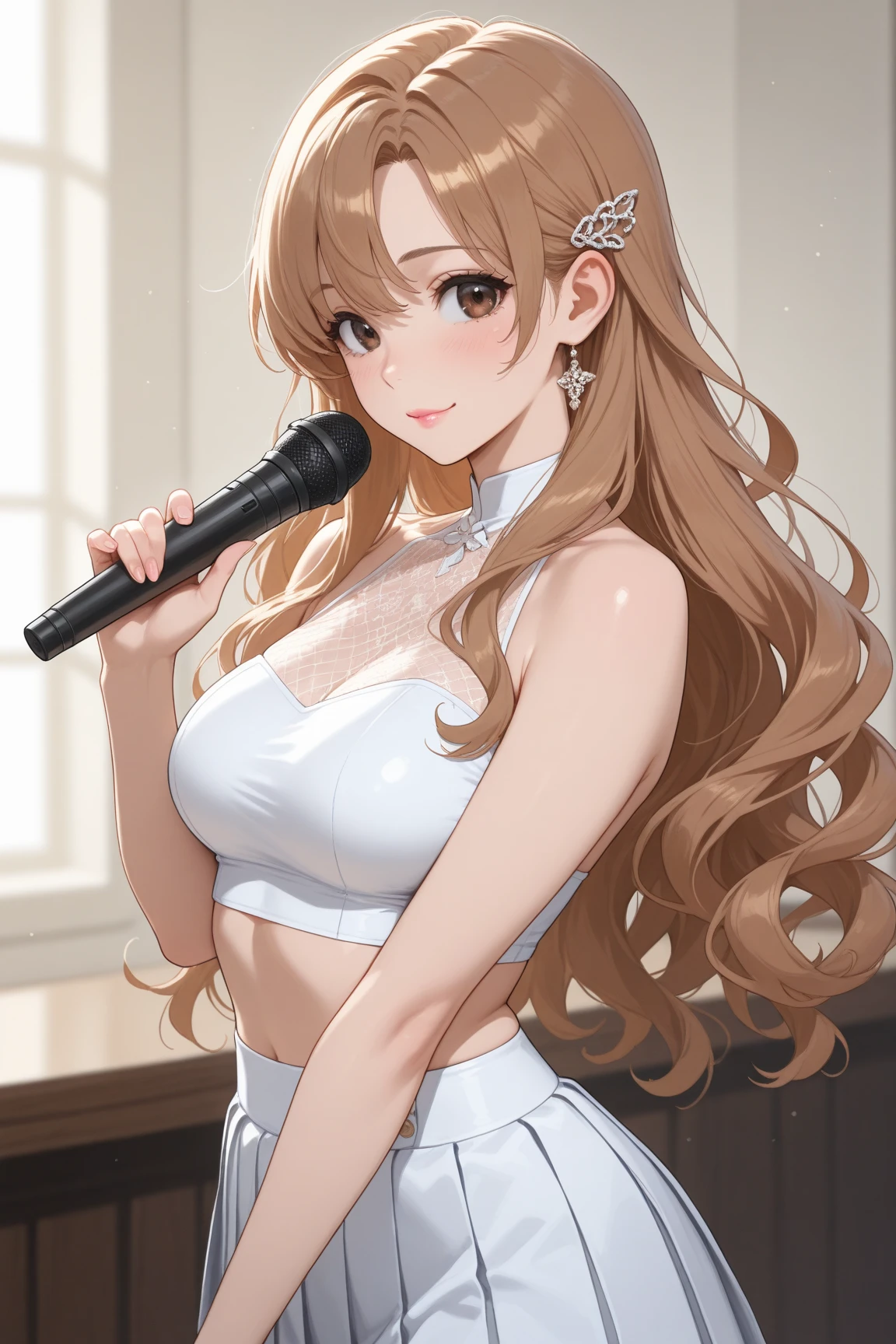 masterpiece, best quality, newest, absurdres, highres, source_anime, 
BREAK, 
expressive eyes, perfect face, cinematic lighting, high definition, eyesHD, high gradient eyes, high definition eyes, 
BREAK, 
1girl, aerith gainsborough, long hair, sidelocks, brown eyes, very long hair, promise_dress, long hair, lips, breasts, white dress, jewelry, earrings, yellow flower, flower, on stage, singing,