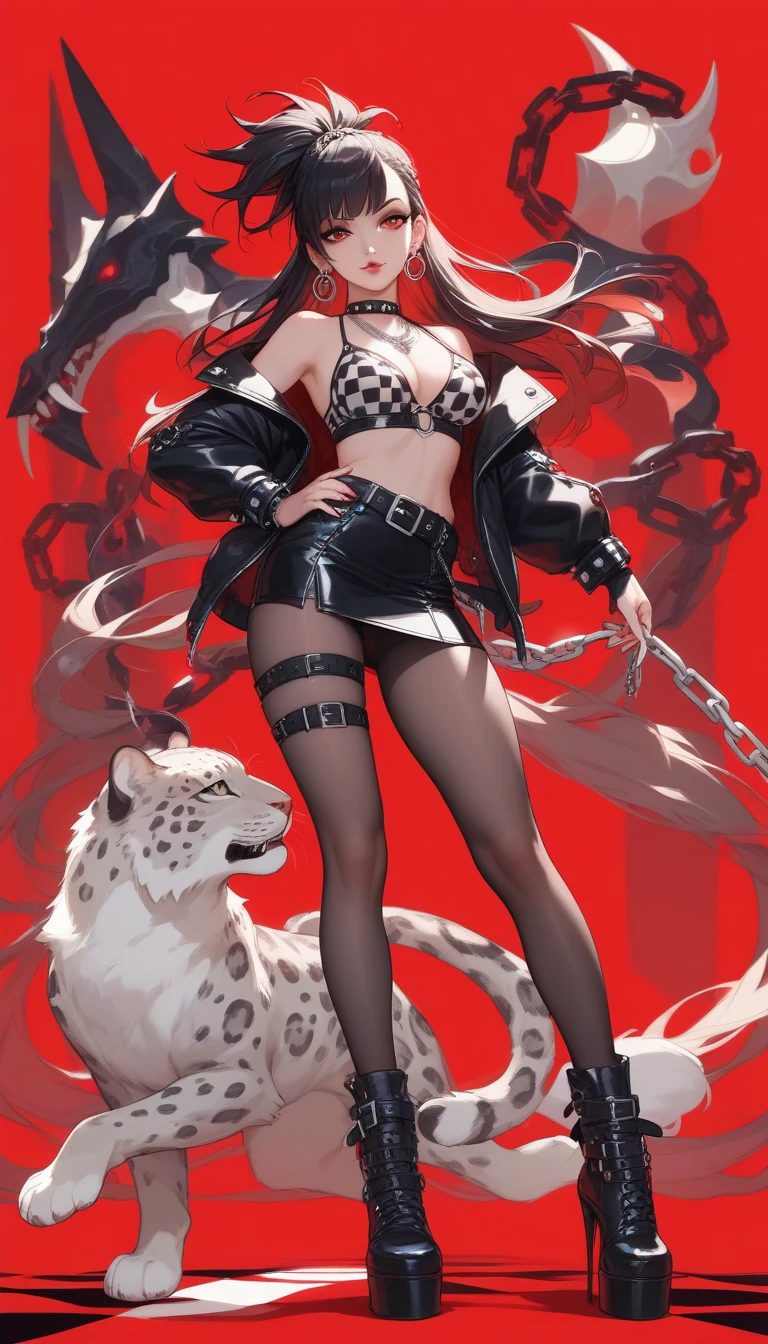 masterpiece, top quality, high resolution, solo, black and red crop top, cleavage, medium breasts, midriff, cat hair ears rough breath, sexual expression, open mouth, wearing underwear, shoving cleavage, black and red panties, sexy brown hair, cowboy shot, full body, green streak in hair,