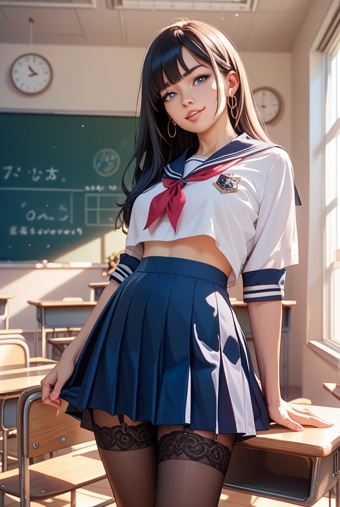 (1girl), kawaii, (highly detailed Beautiful face), (Best Quality:1.4), (Ultra-detailed), (extremely detailed CG unified 8k wallpaper), Professional Photography, Realistic portrait, (hi-school uniform, pleated mini skirt:1.3), (High with wide open breasts:1.2), depth of fields, School, classroom, (squatting:1.2), (panties:1.2), (view from below),