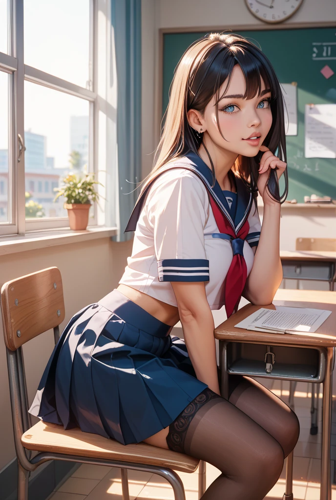 very cute and beautiful girl,(highly detailed beautiful face),
(smile:1.2),blush,serafuku,pleated navy blue mini skirt,
black hair,sitting,spread legs,(white panties),
wooden classroom,window,distant trees and town,
(best quality,masterpiece:1.2),absurdres,highres,ultra-detailed,extremely detailed,32k,8k resolution,
intricate details,cinematic scene,detailed background,solo,dynamic angle,perfect hands,