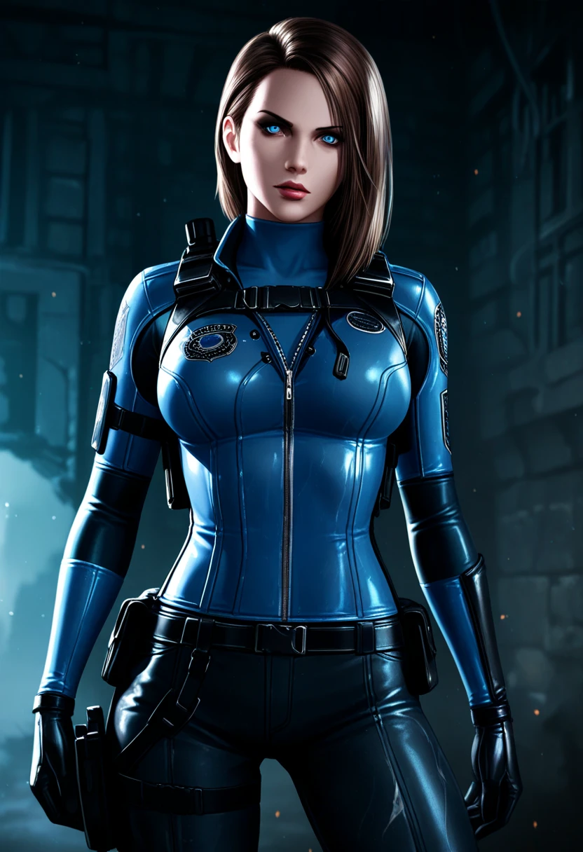 Jill Valentine RE5, 1 chica, solo, 8k, professional lighting, mapeo de fotones, radiosidad, physics based rendering, 4k, high resolution, obra maestra, mejor calidad, piel finamente detallada, Sharp focus, (cinematic lighting), clavicle, Soft lighting, al aire libre, mono, piel apretada, cabello rubio,, enfoque de espalda, mirando al espectador, cuerpo completo