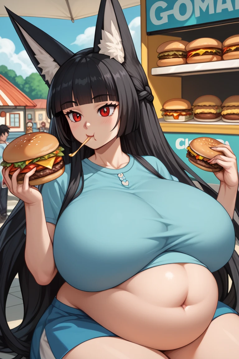 Dog eating a burger, she has a jiggly fat round belly, fat woman, bbwchan, love handles, crop top, tight clothes