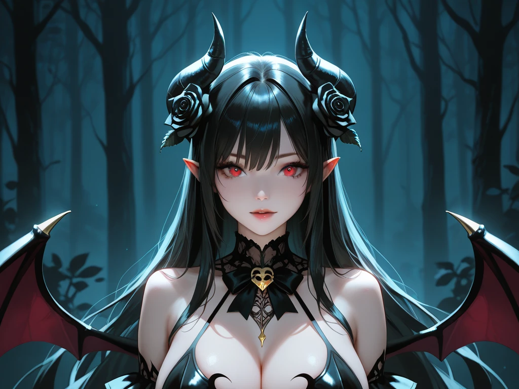 (best quality,4k,highres,masterpiece:1.2),ultra-detailed,realistic,portrait,beautiful girl,demon form,mesmerizing eyes,long black hair,delicate features,elegant posture,flowing gown,ethereal beauty,dark aura,subtle horns,sharp fangs,mysterious atmosphere,soft lighting,vibrant colors