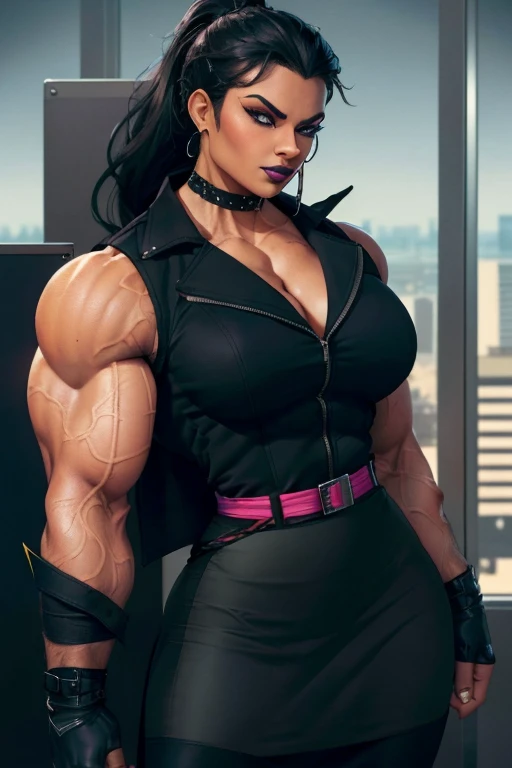 (((Close-up))), tall, (black hair) beautiful muscular woman, long straight hair, brown skinned, closed smile, large breast, (black lipstick), (massive muscles), (hyper muscle), (ginormous bulky muscles), orange eyes, (((black skirt suit))), black bracelets, choker, high heels, on the rooftop at night,