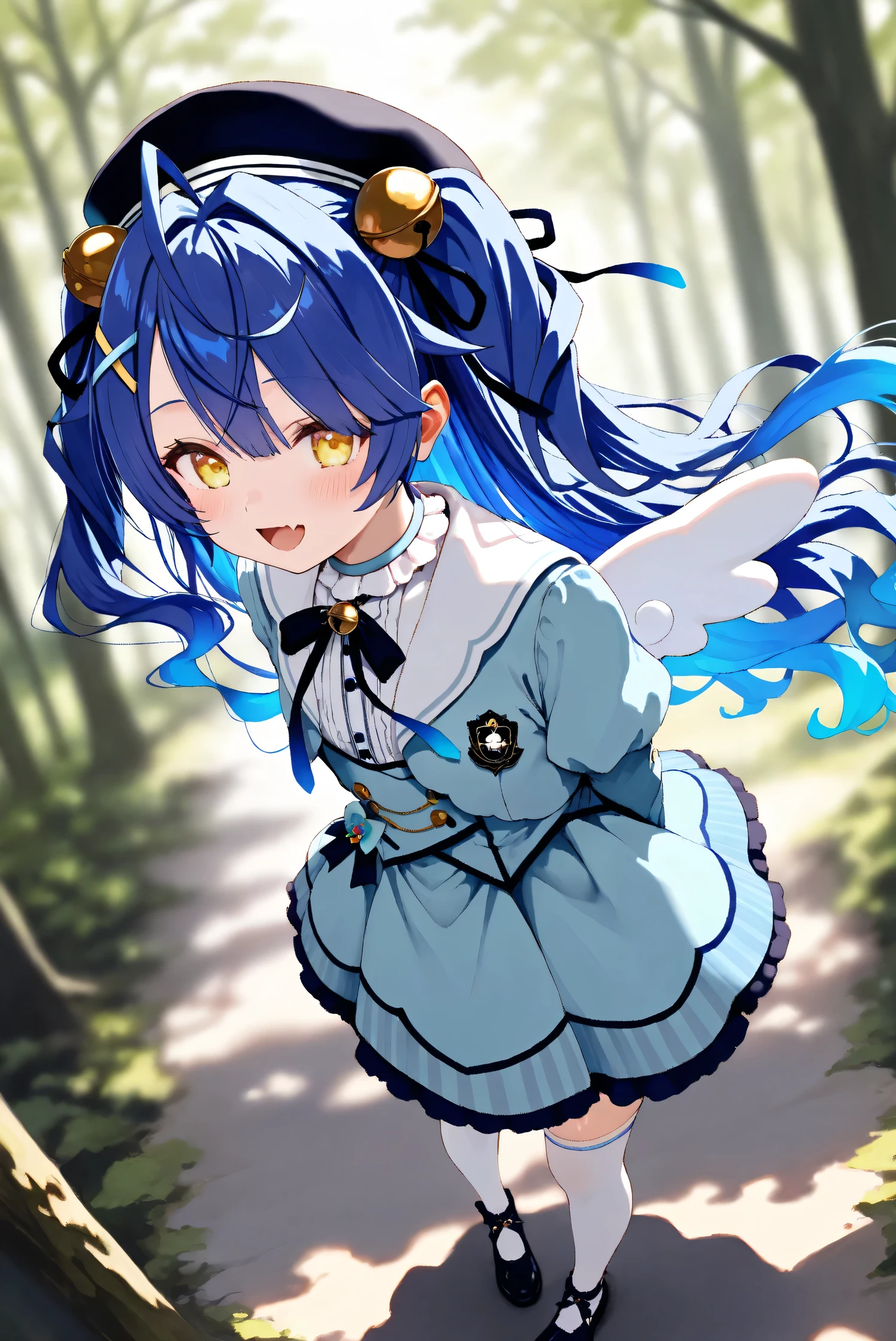 (Masterpiece), (Highest quality), (Very detailed),
(The best shape), (Best Shadow), (Absurd),
(Detailed background), (So beautiful), Shiny ,
Extraordinary, Countershading, 8k, 32K, High resolution, Beautiful eyes in every detail,
Very Detailed CG, UHD,
Score_9, Score_8_up, Score_7_up, Source_anime,
(Pastel painting:1.2), (Watercolor painting:1.2),
(Masterpiece, Detailed:1.2), (Foreshortening:1.2),
Cinematic, Dramatic, (Depth of field:1.4),
(Blurry background:1.4), (Realistic background:1.4),
(Foreshortening:1.3),Dynamic angle, 1 girl,
Outdoor, Nature, Wind, forest,
from side,
Amamiya Kokoro,
nijisanji, virtual youtuber,
akokoro, ribbon, hair bell, x hair ornament, two side up, skin fang,
beret, dress, blue dress, long sleeves, jingle bell, wings, thighhighs, white thighhighs, black footwear,
full body, Focus on face,
(Blush:1.3), smile, happy,
arms behind back,
Realistic skin, Shiny skin,