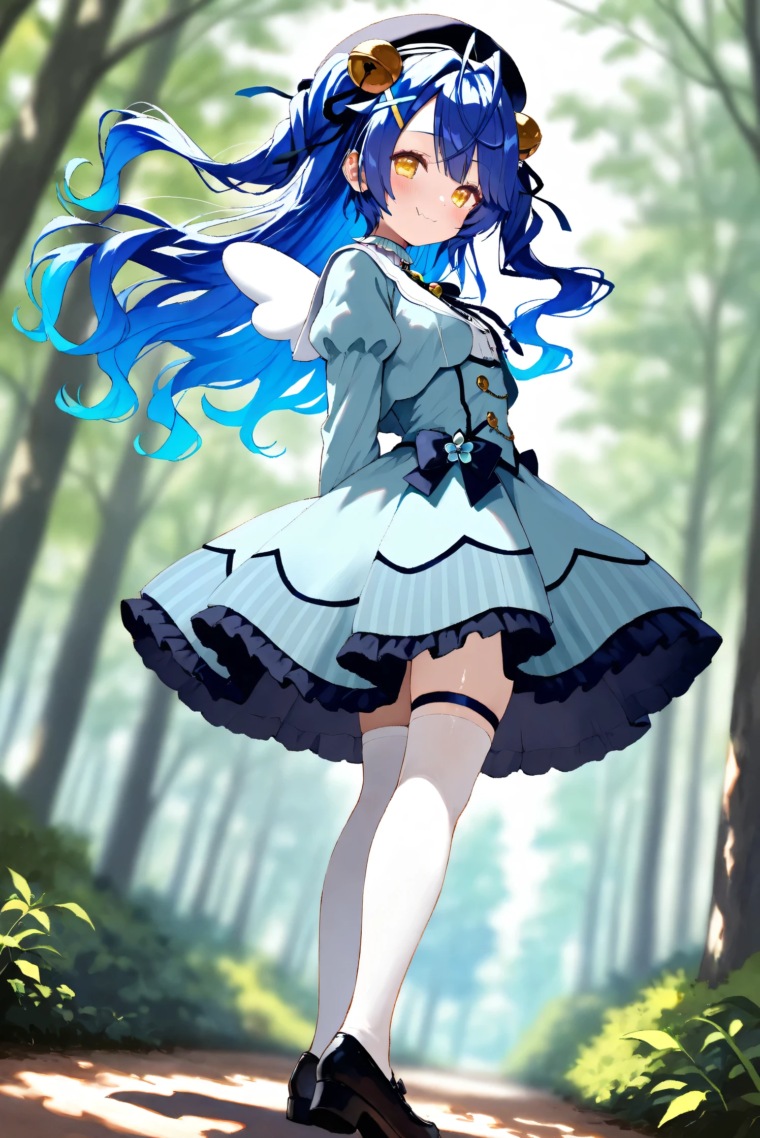 (Masterpiece), (Highest quality), (Very detailed),
(The best shape), (Best Shadow), (Absurd),
(Detailed background), (So beautiful), Shiny ,
Extraordinary, Countershading, 8k, 32K, High resolution, Beautiful eyes in every detail,
Very Detailed CG, UHD,
Score_9, Score_8_up, Score_7_up, Source_anime,
(Pastel painting:1.2), (Watercolor painting:1.2),
(Masterpiece, Detailed:1.2), (Foreshortening:1.2),
Cinematic, Dramatic, (Depth of field:1.4),
(Blurry background:1.4), (Realistic background:1.4),
(Foreshortening:1.3),Dynamic angle, 1 girl,
Outdoor, Nature, Wind, forest,
from side,
Amamiya Kokoro,
nijisanji, virtual youtuber,
akokoro, ribbon, hair bell, x hair ornament, two side up, skin fang,
beret, dress, blue dress, long sleeves, jingle bell, wings, thighhighs, white thighhighs, black footwear,
full body, Focus on face,
(Blush:1.3), smile, happy,
arms behind back,
Realistic skin, Shiny skin,