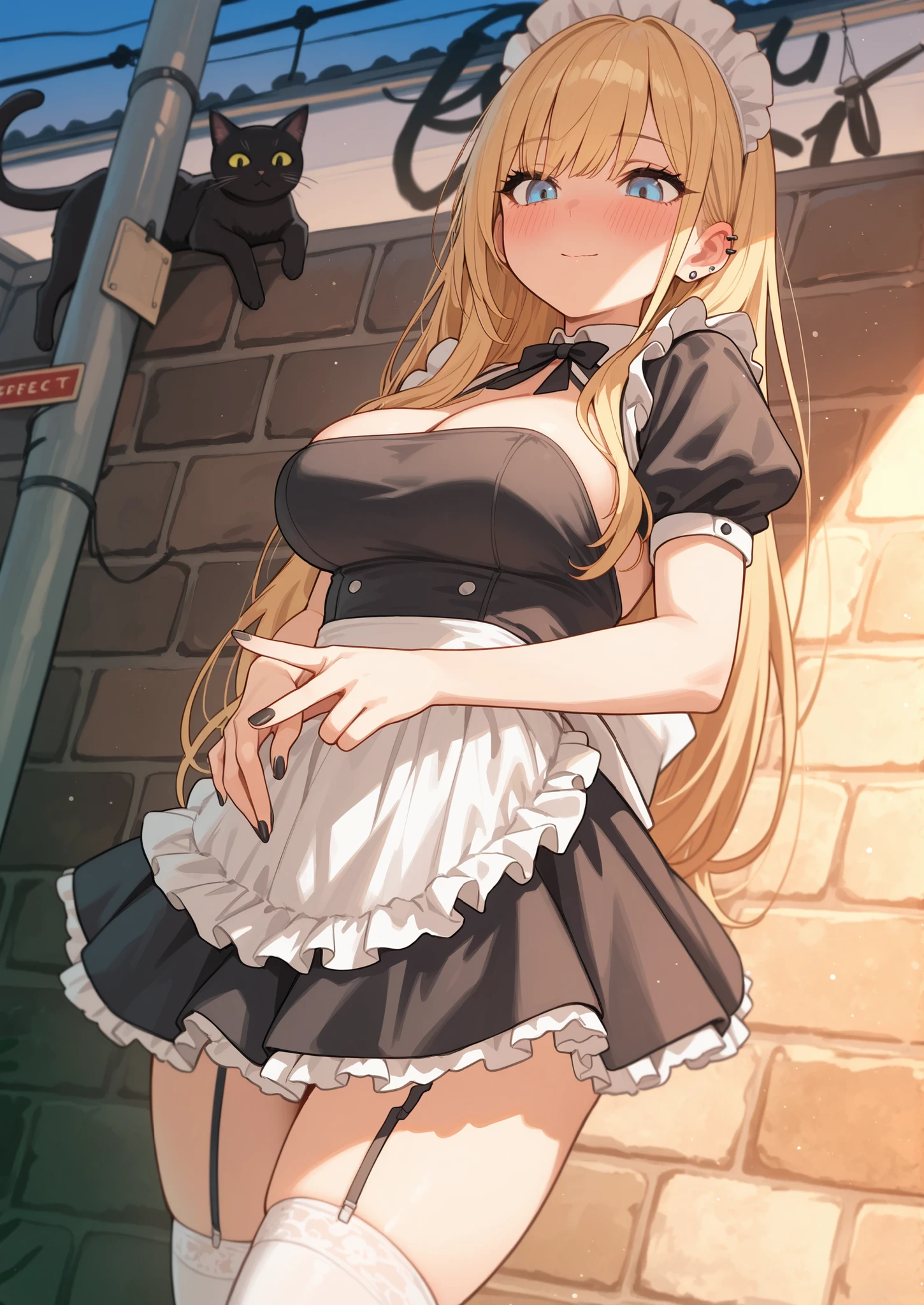 masterpiece, best quality, highly detailed, ultra high res, ayase arisa, 1girl, solo, blue eyes, hair ornament, blonde hair, long hair, blush, glossy lips, maid, short skirt, maid apron, cleavage, standing, city street, thigh highs, (small breasts), high heels