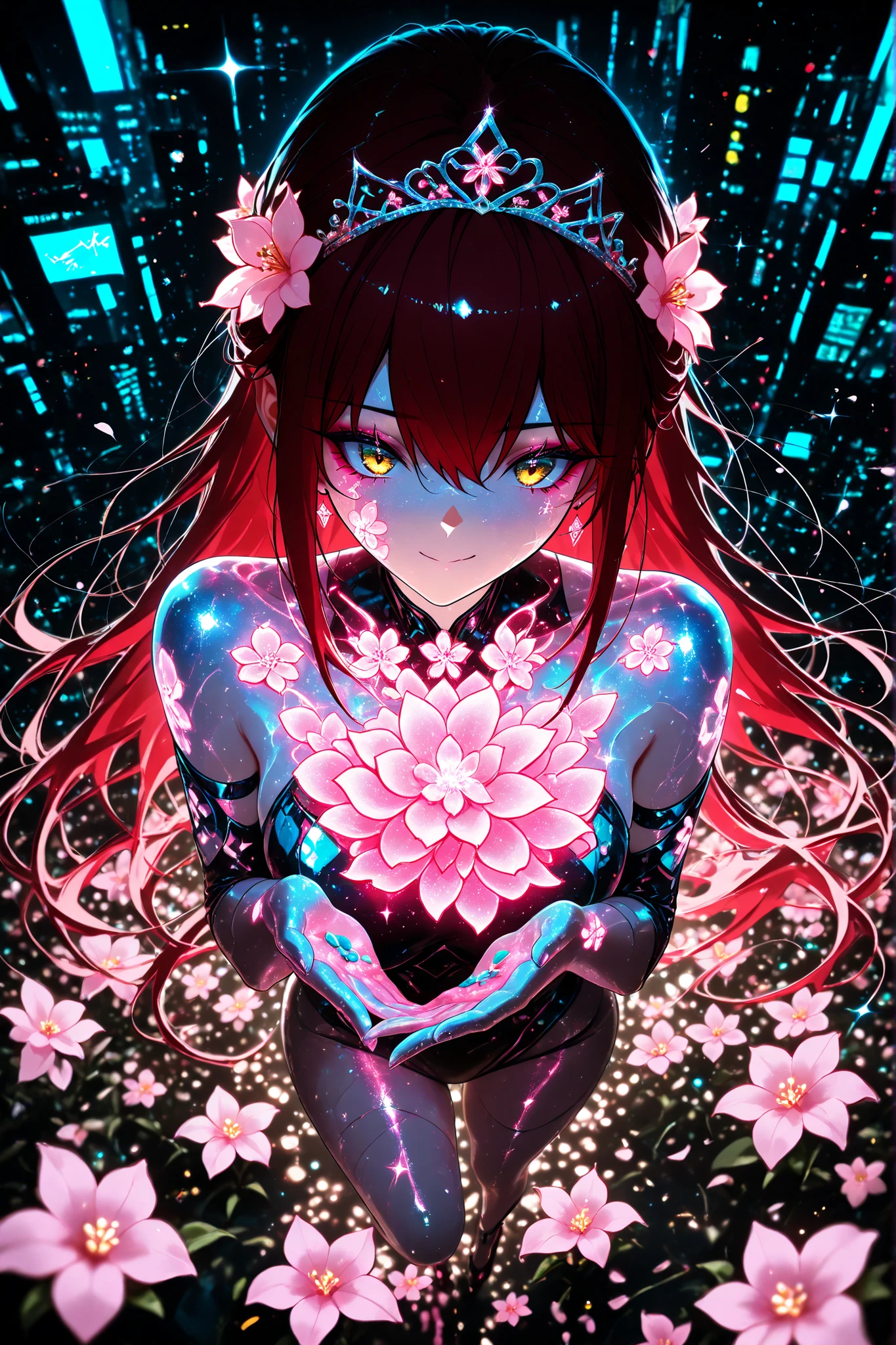from above, (cyberpunk:1.4), earrings, jewelry, flower, armor, hair ornament, building, city, facial mark, petals, multicolored hair, hair flower, pink flower, weapon, bandaid, pills, sickly, eyebags, bandages, medications, stitches, hurt, ill, bandaid on face, hair ornaments, kawaii 1 girl , golden eyes , very long hair , long sidelocks, red hair ,half updo, petite , very cute , beautiful ,Straight hair, cool, handsome, hair between eyes, sexy, female, medium large breasts, solo, (sharp focus, very aesthetic), (sparkling effect, glittery skin, oiled skin, glitter, shimmer, grow photos, sparkle powder:1.2), full body shot, face focus, catch light, facing forward, smile, looking at viewer, (perfect hands, perfect face, perfect eyes), detailed background, natural light, three-point lighting, (master piece, 8k high-resolution), (glow pink makeup:1.2), (jewelry eyes:1.2), (floral tiara), ((exquisite illustration of a girl wearing flowers)), ((blooming flowers)), ultra detailed, perfect light, (glitter, shiny skin, shimmer), {{neon, neon colours, neon glow}}, ((cyber background)), {{syber clothes, syber suit, cyber outfit}}