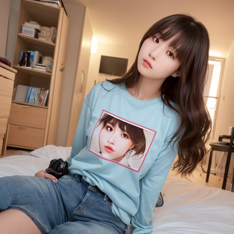 (top-quality、masterpiece:1.2)、Best Quality、realisitic、photoshot、hight resolution、1080p、8K、Textured skin、Physical Rendering、1 Japan Girls、High school students、kawaii、Young Face、Rolled hair、(Long-sleeved shirt:1.5)、Sit on the sofa in the room、Bare legged:1.5、full of shyness、smil、Big