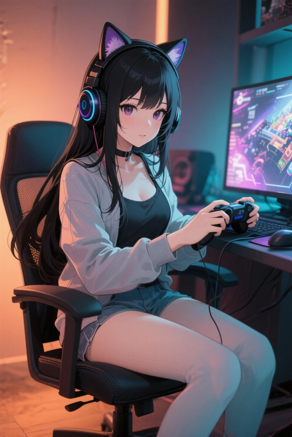 One Woman、beautiful girl、Sit on a chair、Big glasses、Dark Room、computer、Sit in a gaming chair、High-end headphones、Grip the game controller、computerに向き合う、beautiful girl, Highest quality, Stripes模様のブラジャー、Game Geek、Thick thighs、Big 、Big Ass、Black Hair、long hair、Bangs、Sweaty body、I'm sweating all over、Excited、Stripes々Panties、Play online games、片足を組みながらSit on a chair