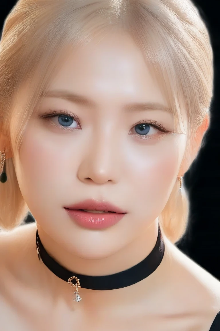 Wet and shiny metallic navy blue school swimsuit Korean Idols a blond Shorthair Glossy red lip A MILF Dressing close up of face Duck mouth eye glass Cosmetics Advertising Poster Fancy makeup Orchan Makeup Approximately 39 years old Choa Lustrous skin with round face Wet and shiny skin