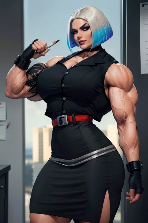 (((((Massive, tall, beautiful, pale white skinned, buff, muscular woman with cyan hair, black lipstick, ginormous bulky muscles and wearing a white leather sports bra with pleated skirt))))), (close view), (massive muscle), massive biceps, hyper muscle shoulders, vascular shoulders, hyper muscle triceps, (long beachy hair), purple eyes, (wristbands), choker, school shoes, (in penitentiary), fingerless gloves, closed smile, night, hyper vascular arm, hyper muscles arms, hyper muscle legs, massive arms.