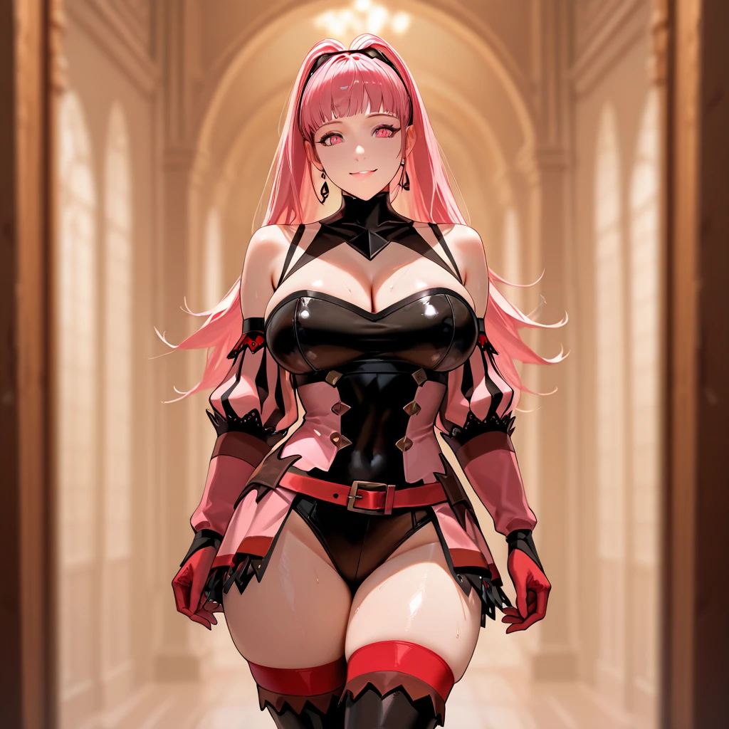 <lora:IreneV2:0.8>,(((latex legwear, latex gloves, latex boots, ))),solo, irene, breasts, red hair, long hair, 1girl, braid, large breasts, twin braids, black eyes, looking at viewer,(full body), standing,
