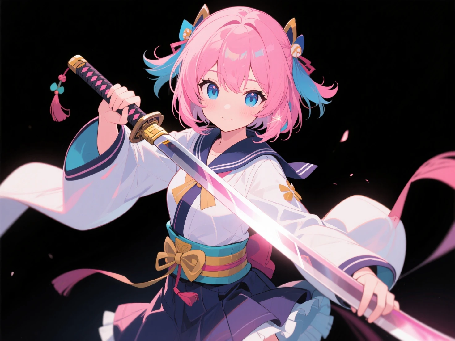 Octane Render、(Hyper-detailing: 1.15)、(Soft light、sharp: 1.2)、Photorealistic teenage girl、full body Esbian、Practice dancing with a sword、Fine pattern Japan sword、ultradetailed eyes、Rainbow painting drops、Full Paint、Splash、Long color hair、Paint Kimono、Super luxury kimono、Rainbow Paint Kimono、(hair adornments、耳Nipple Ring、Floral hair ornament、butterfly hair ornament)、Sword Practice
