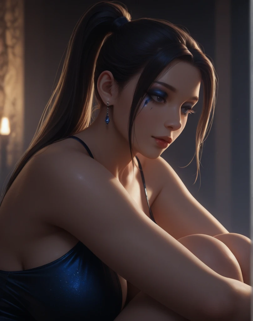 "An exquisitely detailed and stunning 8k image of a woman with a dramatic presence, inspired by Greg Rutkowski's style. The image is ornately and intricately crafted, with a cinematic feel, enhanced with dehazing techniques to create an atmospheric ambiance."