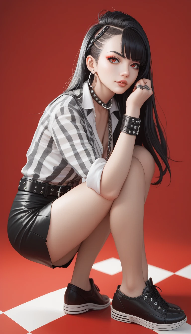 Top quality、Top image quality、Masterpiece、Teenage Girl((White shirt、Black trousers、18 years old、 Ajer、best bust、Big bast,black eyes, Blue Hair、A slender,Oyama Valley、Red lipstick makeup、Cute earrings、Silver Watch、Chest together、sit up、Create a captivating pose eyeshadow for your eyes)),high quality、Beautiful Art、background with((White Wall、Photography Studio))Masterpiece、Depth of Field,Camera Film Style