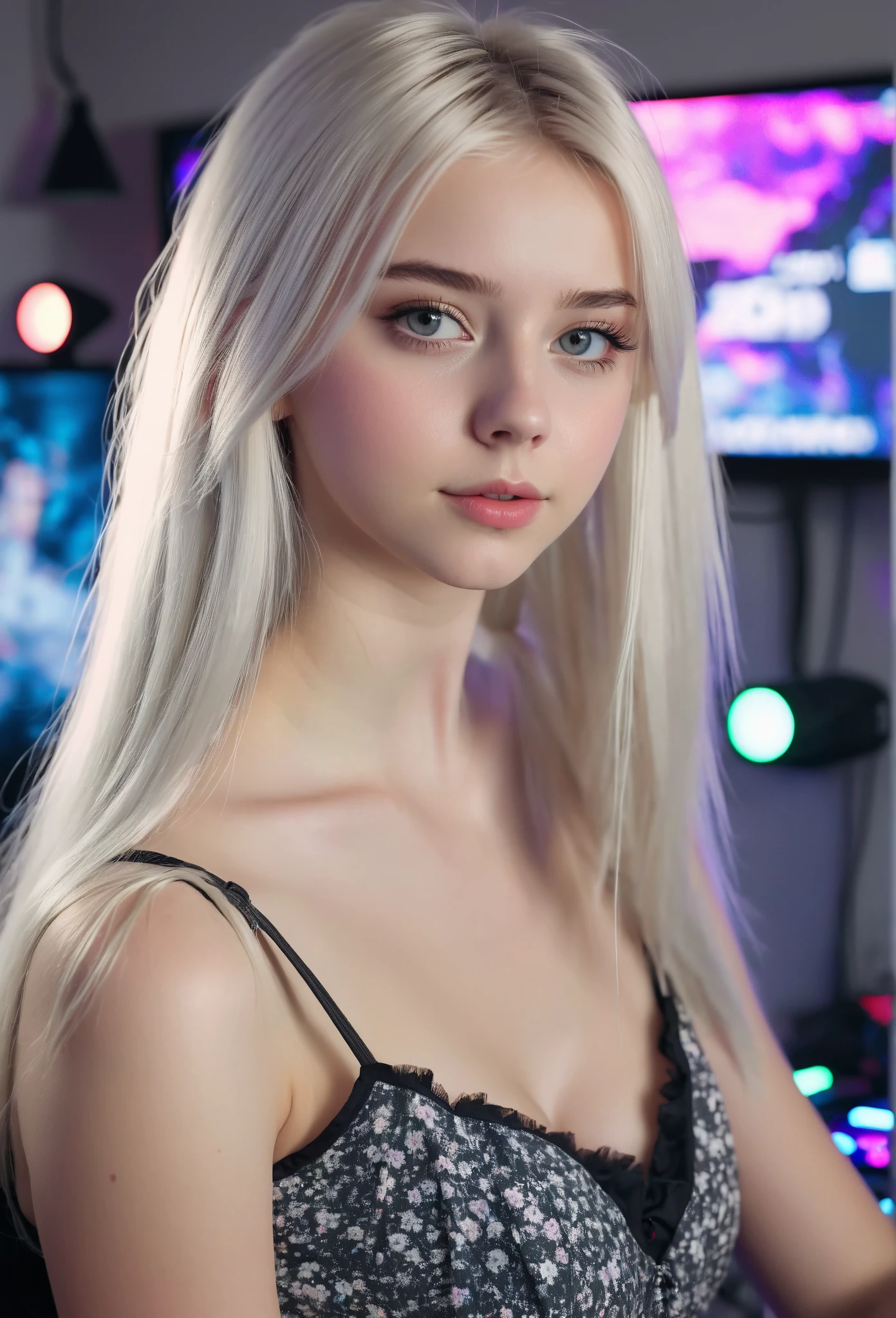 1girl in, age19, Solo, Long hair, Colossal tits, Looking at Viewer, blondehair, Bare shoulders, Brown eyes, jewely, Full body, a necklace, off shoulders, Sweaters, Realistic, A sexy