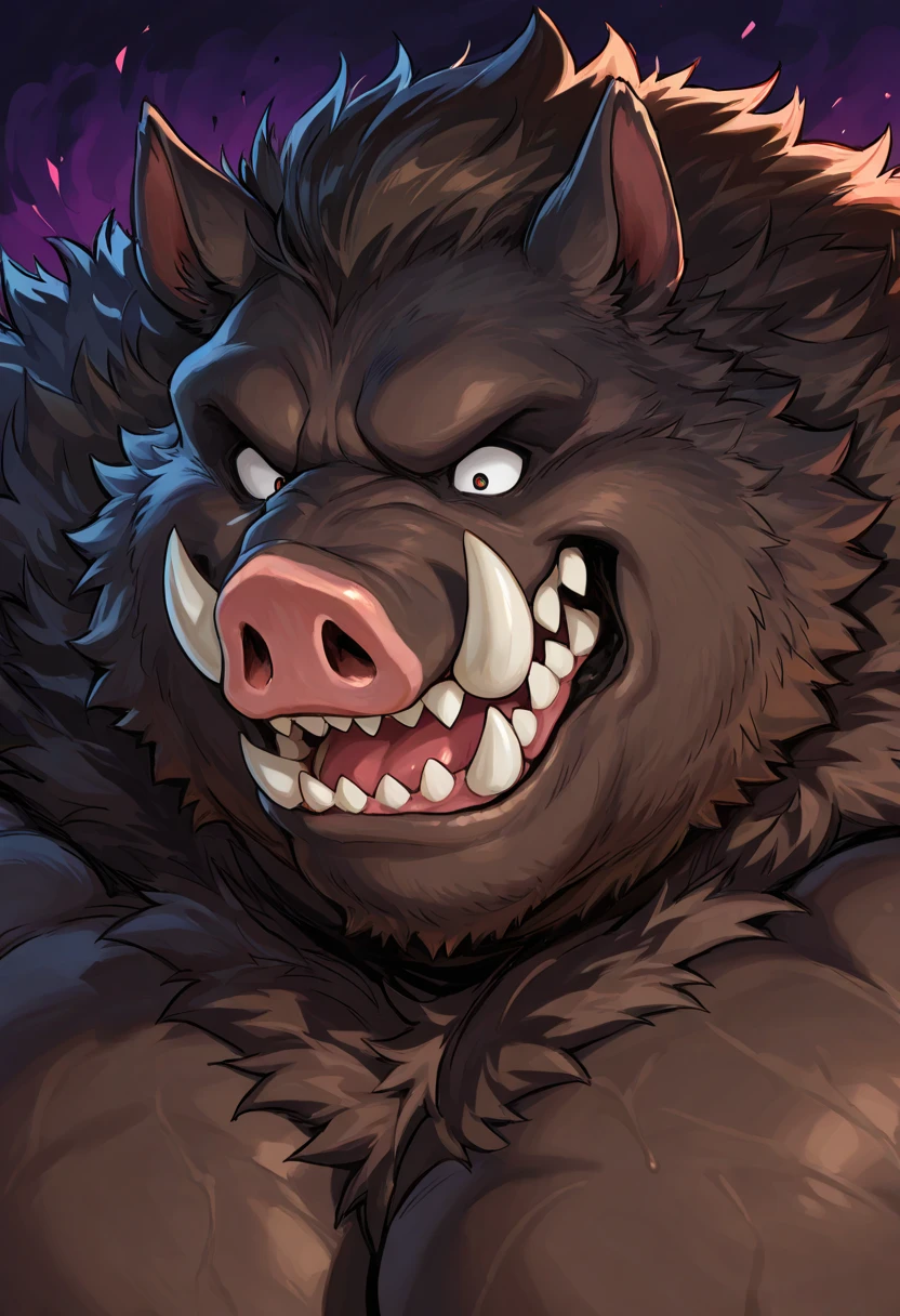 Browsing Caution。Super muscular boar beastman。Blindfold。A desperate and painful look。Mouth wide open。Licking the semen that erupts from a huge, red-black erect penis。