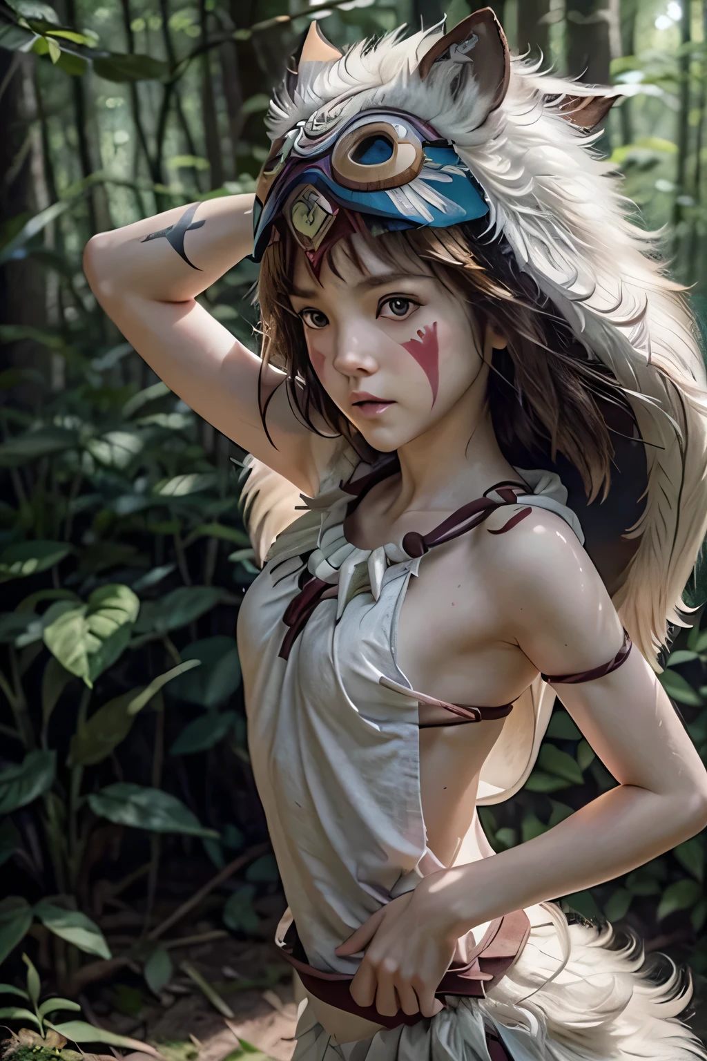 (Masterpiece), best quality, 8k wallpaper, Super detailed, young beautiful girl,, highest quality, 1girl, dark short hair with bangs, beautiful face, (13-years-old), small breasts, flat chest, wearing a thin white skirt, and wolf mask on her head (princess mononoke style), she is running in the forest, holding a large dagger in her hand, , studio ghibli style mononoke, photorealistic style, short stature, perfect proportions, model is seen from a distance, thin thights, narrow hips, topless, show naked breasts,