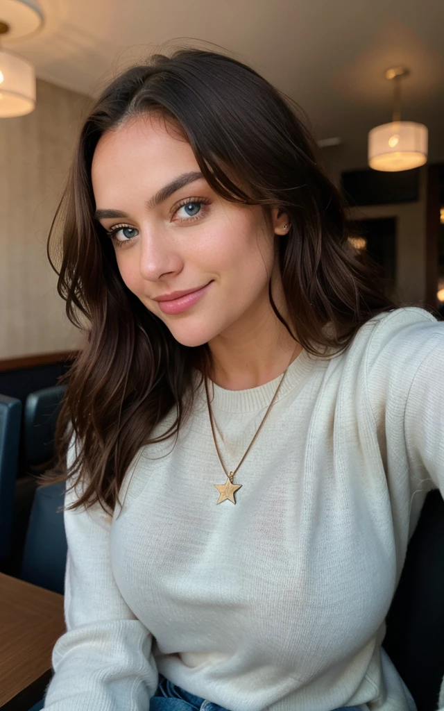 selfie , (sharp focus:1.2), photo, nude woman, (beautiful face:1.1), detailed eyes, luscious lips, (cat eye makeup:0.85), (large eyes:1.0), wearing (hat:1.2) sitting on a (cafe:1.2). (moody lighting:1.2), green eyes, beauty marks, sandy skin,