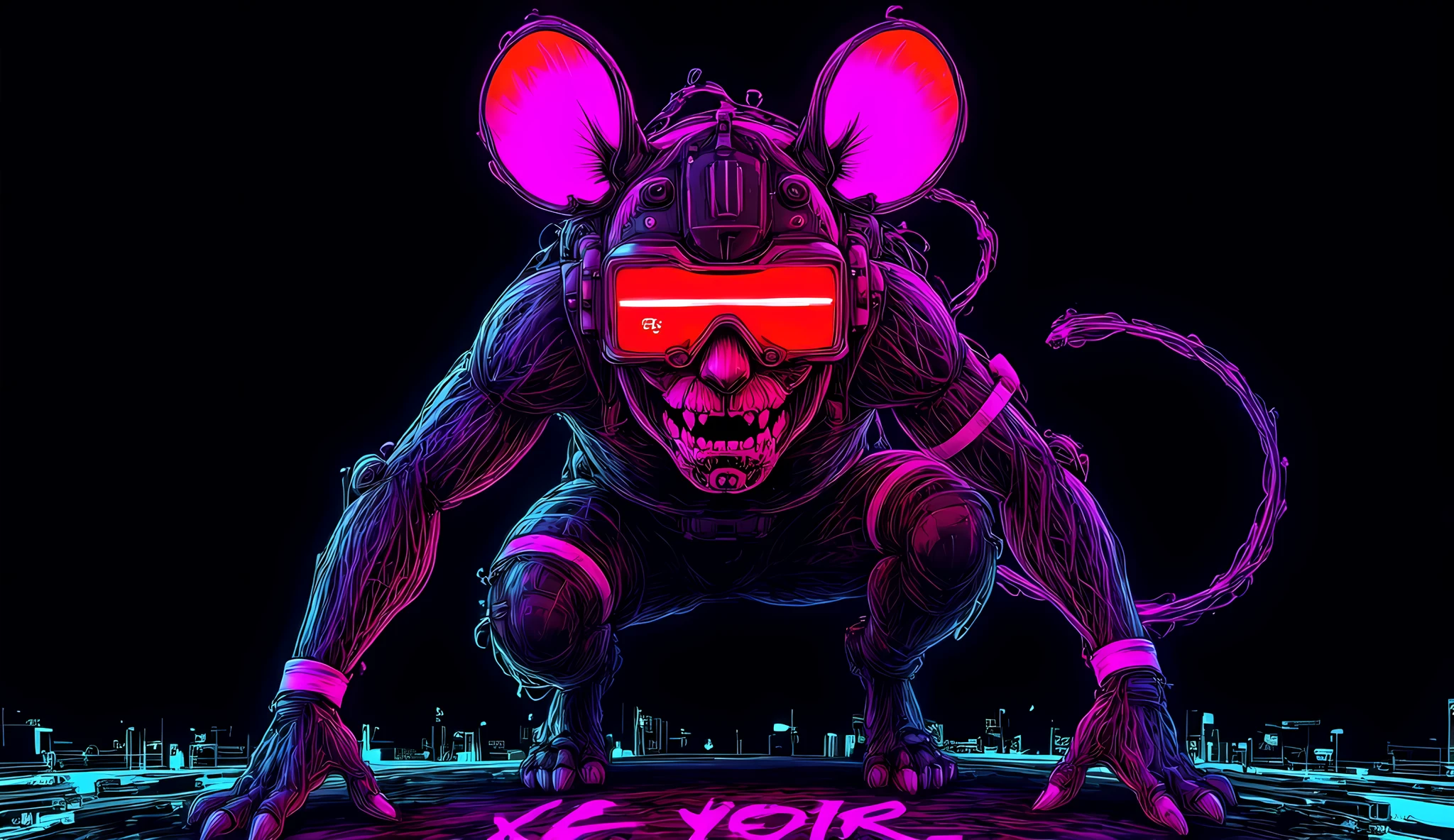 A lone figure in a stylized, futuristic, cyberpunk-influenced warrior outfit is crouched against a dark background. The figure's helmet resembles a rodent, possibly a mouse or rat, with large, round ears that glow with a bright pink light. The helmet itself is dark purple or black with glowing red horizontal lines across the eye area, suggesting a visor. Below the visor, the helmet features a wide, menacing grin outlined in bright red light, with visible teet ,cyberpunk bass player, daftpunk style,glamour, disco,electro,party rave music,anime futuristic sci-fi artwork style. high-contrast black and white digital illustration with a focus on specular highlights, creating a strong sense of luminosity. bioluminescent pattern, pink blacklight neon,The rendering features sharp, defined edges outlined by bright, glittering elements that suggest the texture of numerous small, reflective surfaces. The overall lighting is dramatic .draw2c best quality2c musician with studio ghibli style and 32K rendering