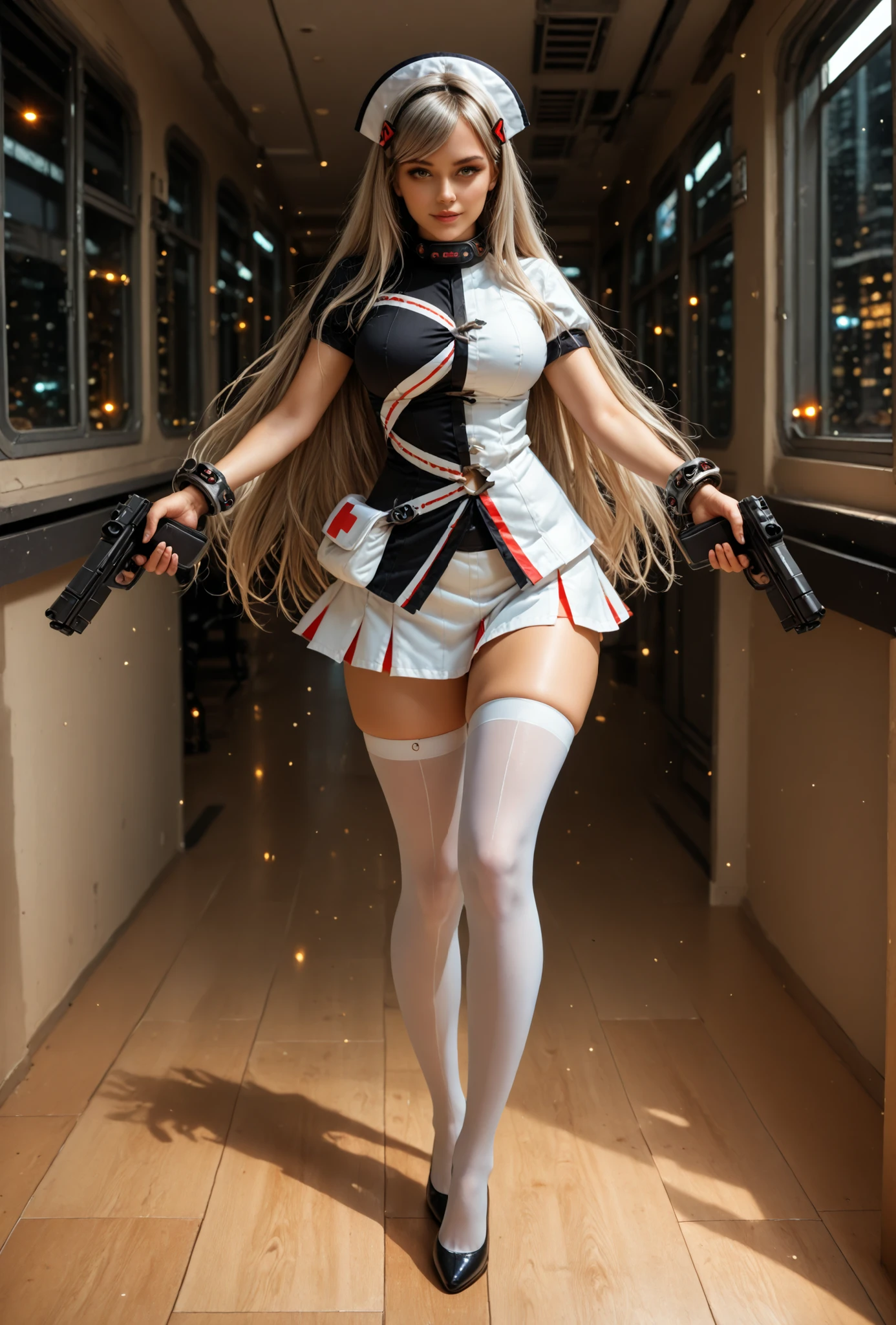 (realistic:1.4),1girl, solo,large breasts, long eyelashes, expressive eyes, perfect face, BSblack1i1ith, solo, thighhighs, gun, weapon, holding, long hair, dual wielding, transparent_background, long right sleeve short left sleeve, hairclip, asymmetrical clothes, asymmetrical legwear, nurse cap, yellow eyes, collar, wrist_cuffs, waist bag, full body, the image is a digital illustration of a female character from an anime-style drawing. she has long, flowing silver hair with a slight gradient effect, transitioning from white at the roots to a darker shade towards the tips. her eyes are a striking yellow color, giving her an intense and focused expression. she wears a futuristic, high-tech outfit that is predominantly black and white, with a distinctively modern and edgy design., , city, city lights, cityscape,indoors,tile floor, reflective floor, skyscraper,window,summer season, light particles,yellow theme, dark background,Standing,lean forward, looking at viewer,