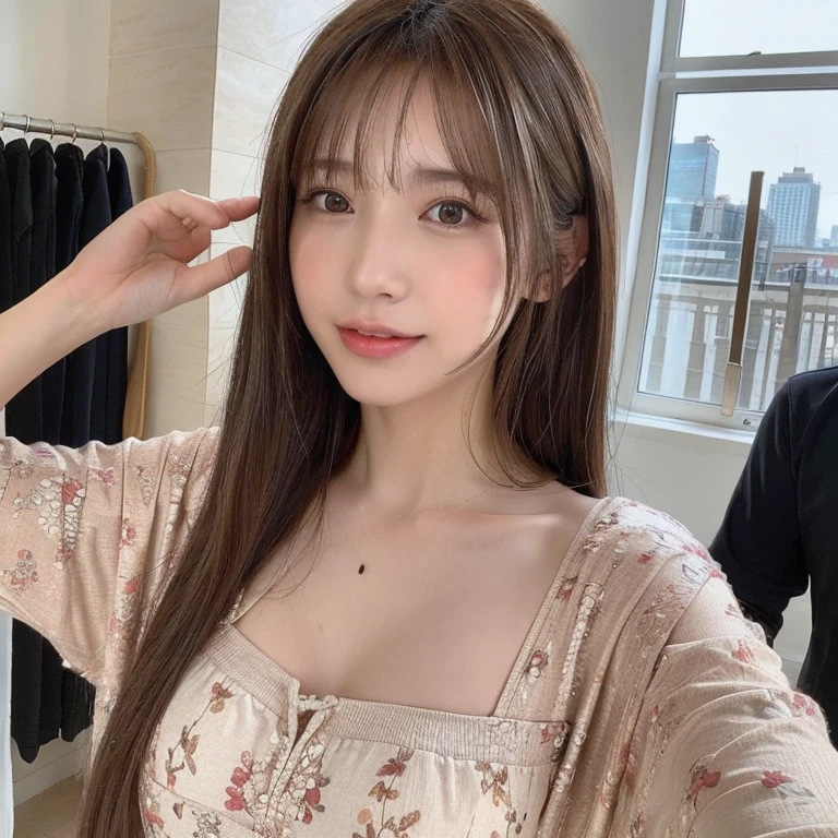 seed:2020674263.((Full body angle:1.1)).((Highest quality, 8K, masterpiece:1.3)), ((from below:1.1)).concentrated:1.2, Perfect body beauty:1.4, Hips:1.2, ((Delicate Hair)), (Colorful T-shirts、Shorts、pajamas :1.1) , ((Highest quality、8k、masterpiece:1.3))、1 Girl、A sloppy smile、Esbian all over、Slim face、Big Boobs、Beautiful woman、(Dark Brown Hair)、Long Hair、1、Flickering Valley、Detailed eyes、double eyelid、Blurred Background、超Slim face、Smile、Looking down、living、