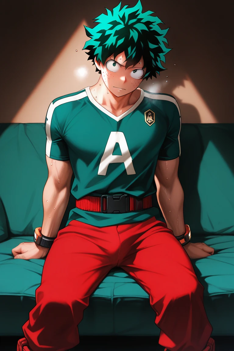 (masterpiece, best quality:1.2), solo, male focus, 1boy, midoriya izuku, short green hair, green eyes, no shirt, no pants, wearing green boxer briefs, teenager, toned slender body, domed helmet with transparent visor over eyes, mind control device, blank expression, mouth hanging open staring straight forwars, relaxed body posture, sitting in chair, anime style, my hero academia style