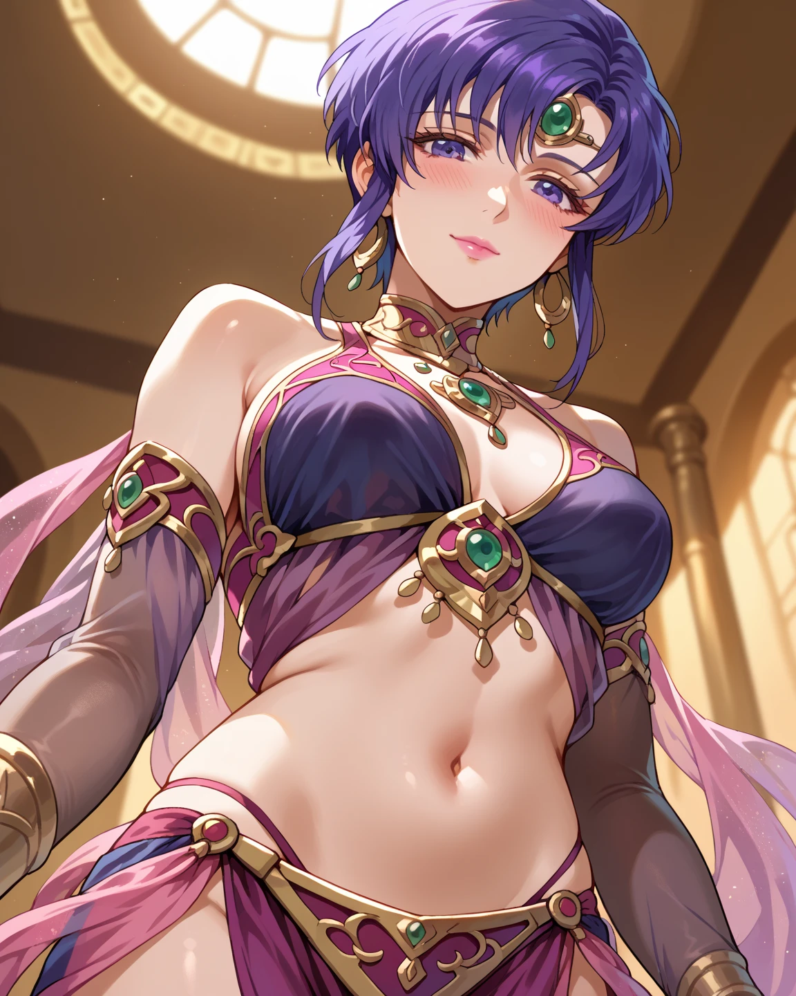 shikimori, medium breast, slim legs, blue gown, navel, skirt, standing, beautiful eyes, blue eyes, blushing, arabian belly dancer, stage, sitting
