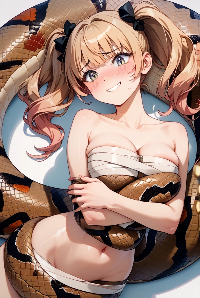 photorealisim、top-quality、超A high resolution、NSFW、Japanese high school girl、18year old、Girl in uniform、low angle shot:1.5、sexy look at the camera、((blondehair))、Close-up in panties:1.4、Light blue shirt、Dark blue tartan plaid pleated skirt、Dark blue socks、Detailed cute and beautiful face、(pureerosface_v1:0.008)、Brown-eyed、eye liner、red blush、embarrassed from、glares、 shiny lips: 1.4, impatience、Frightened、glares、Panty appeal、red blush、is crying、Crying、Disheveled clothes、Dressing、Medium Long Hair,In the bedroom、Anatomically accurate human body、accurate human body, masterpiece, best quality, highres, breasts out, beautiful detailed eyes, cleavage, snake, (coiled), (python), snake scales detailed, restrained, masterpiece}}}, {{highly extreme detailed}}, solo, Focus on the girl, {orgasm}, {sweaty}, {{python sex}}, (((object insertion))), jangle, spread arms, interspecies, bestiality, (Giant python bestiality, Giant python sex, ((Giant python Rape)), Giant python Rape, Giant python Coils, Passionate Squeeze) (((Giant python coils, Passionate squeeze, ))), coils,((The girl is wrapped around a giant python)), ((giant python rape)), giant python sex