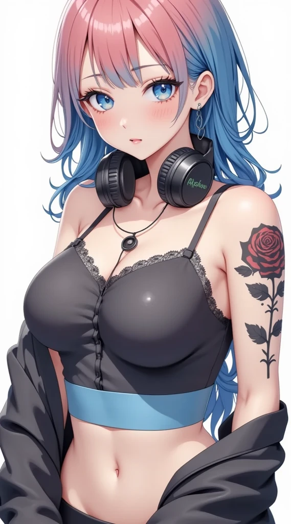 (masterpiece, computer, mejor quality, Clear focus, shadow, anime style, Ultra high resolution, 8K, perfect anatomy, rostro perfecto, (detailed face), ( Detailed eye ), score_9, score_8_up, score_7_up, score_6_up, score_5_up, score_4_up, source _Animated, Label 1, Label2, quality_masterpiece, anatomically correct, beautiful face, rostro perfecto, Beautiful and highly detailed face and eyes, Attractive face, detailed face, Delicate facial features, detailed leather, pechos enormes, breast size cup D or DD, wide hips, gigantic butt texture, thick thighs. Anime style illustration with a sensual and attractive appearance with long blue hair, big blue eyes, shy or embarrassed expression, blushed cheeks, large headphones hanging around the neck, tight black top with lace, lifting slightly a light blue t-shirt, showing the toned abdomen, Chest tattoo, right arm black rose tattoo, background of a nightclub or bar.