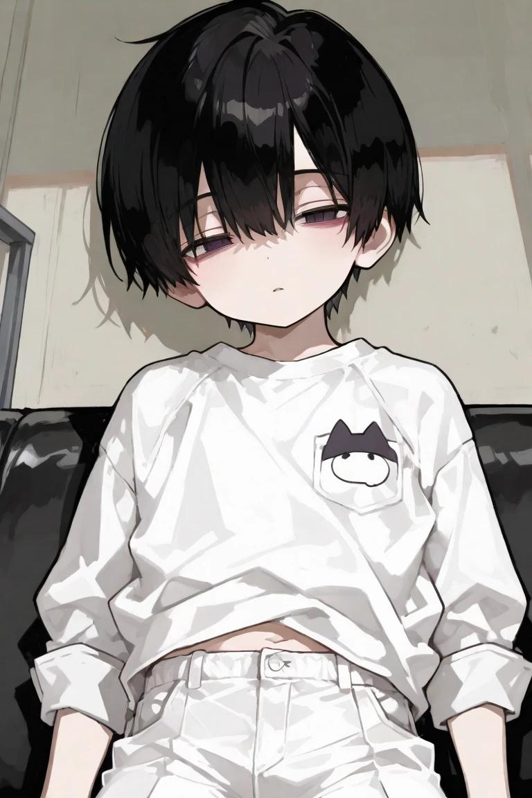 boy, big oversized shirt, big large thighs, bottomless, no underwear,. Dark short hair. Male, 1boy.