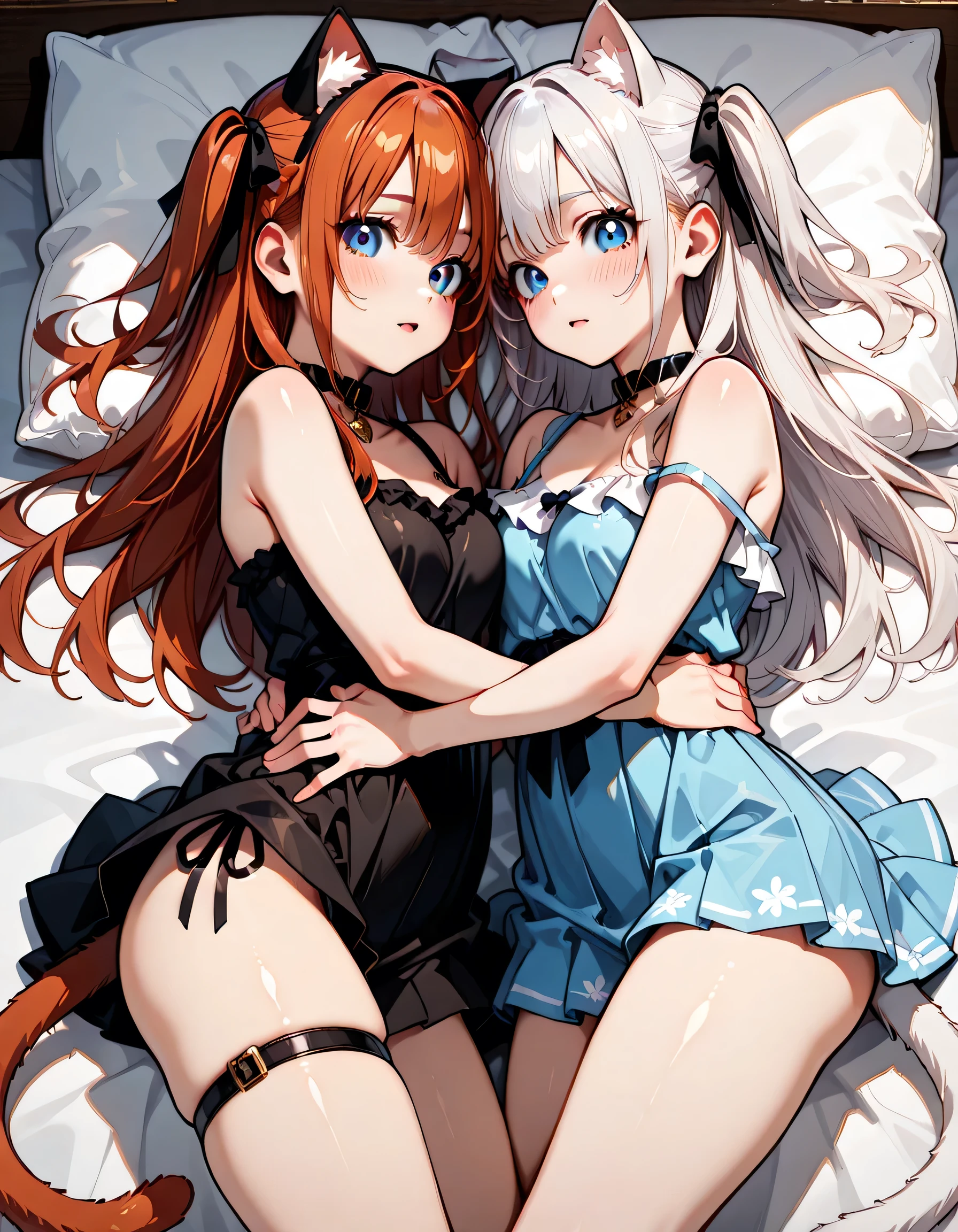 (score_9, score_8_up, score_7_up), source_Anime, absurd_res, white, blue, black, 2girls, duo, upper body, super fine illustration, an extremely delicate and beautiful, best quality, masterpiece, 8K, spring night setting, upper body:1.3, moe anime character, (2girls), dainty facial structure, baby face, round face, rounded chin:1.2, ideal ratio body proportions, Marika, CatGirl, face to face pose, silver hair, red hair, two side up, black ponytail hair, hair ribbon with black, ((cat ears:1.3)), blue eyes, purple eyes, yuri, face-to-face, mutual hug:1.3, breast press:1.3, off-shoulder with bluepurple, culotte skirt with beige, youth fashion, casual fashion, on the bed:1.3, dynamic pose, contrapposto pose, best quality, masterpiece, soft lighting, side lighting, from front, delicate color palette, detailed clothing folds, flowing hair, spring night vibe, highly detailed rendering, breathtaking composition,
