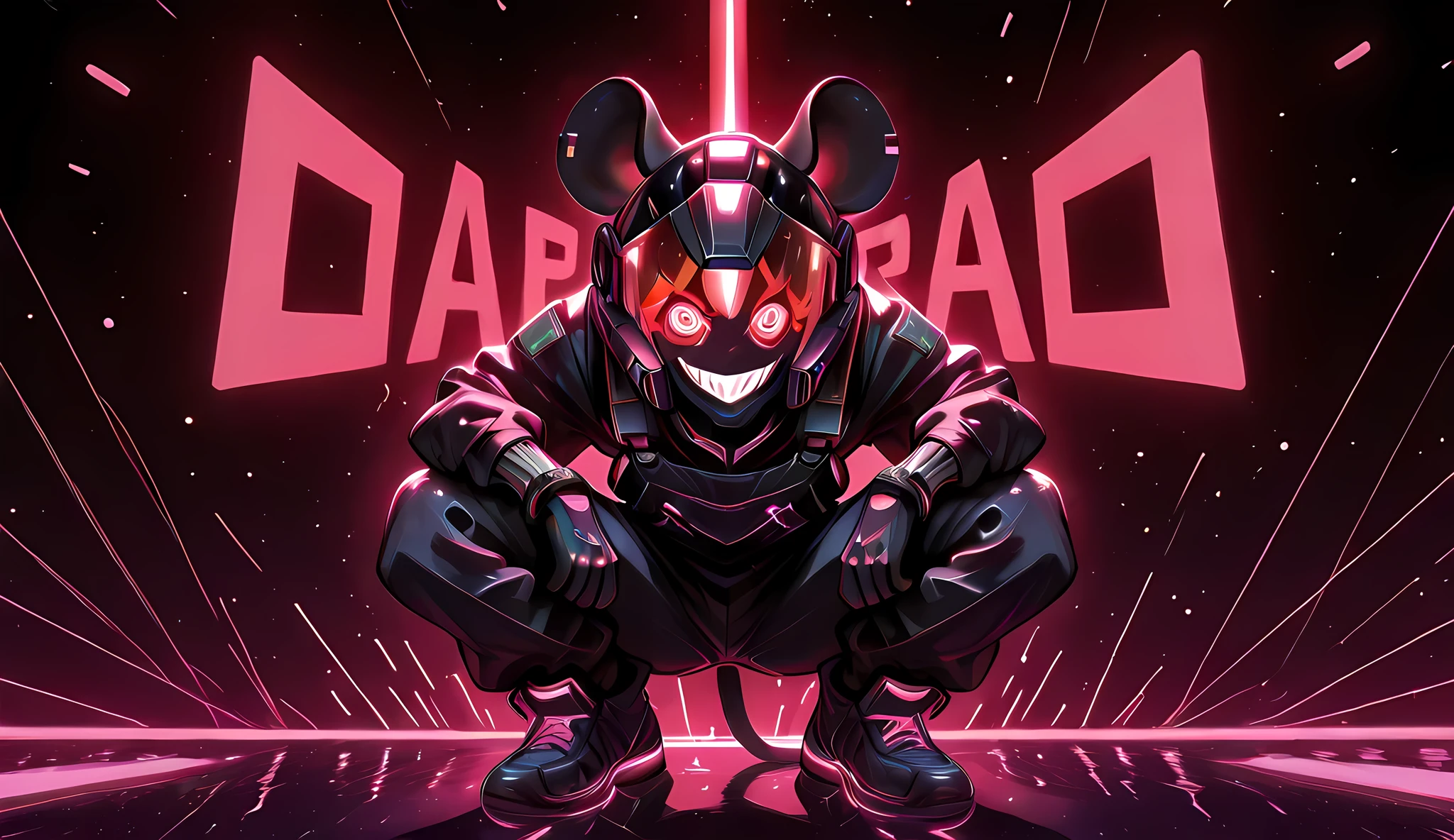 japanese cyberpunk popart anime musical scene showing A lone figure bass player in a stylized, futuristic, cyberpunk-influenced warrior outfit is crouched against a dark background. The figure's helmet resembles a rodent, possibly a mouse or rat, with large, round ears that glow with a bright pink light. The helmet itself is dark purple or black with glowing red horizontal lines across the eye area, suggesting a visor. Below the visor, the helmet features a wide, menacing grin outlined in bright red light, with visible teet ,cyberpunk bass player, daftpunk style,glamour, disco,electro,party rave music,anime futuristic sci-fi artwork style. high-contrast black and white digital illustration with a focus on specular highlights, creating a strong sense of luminosity. bioluminescent pattern, pink blacklight neon,The rendering features sharp, defined edges outlined by bright, glittering elements that suggest the texture of numerous small, reflective surfaces. The overall lighting is dramatic .draw2c best quality2c musician with studio ghibli style and 32K rendering