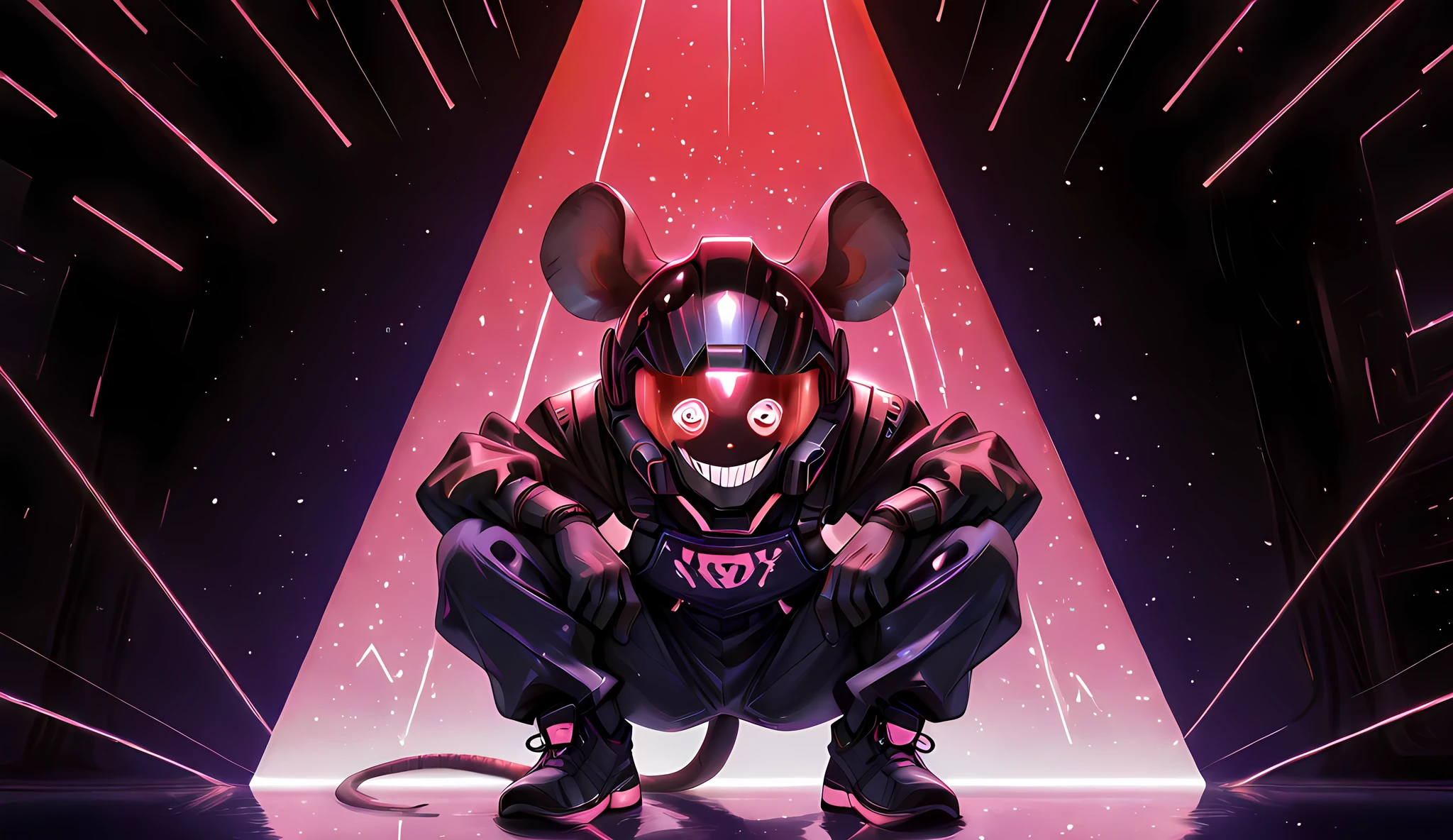 japanese cyberpunk popart anime musical scene showing A lone figure bass player in a stylized, futuristic, cyberpunk-influenced warrior outfit is crouched against a dark background. The figure's helmet resembles a rodent, possibly a mouse or rat, with large, round ears that glow with a bright pink light. The helmet itself is dark purple or black with glowing red horizontal lines across the eye area, suggesting a visor. Below the visor, the helmet features a wide, menacing grin outlined in bright red light, with visible teet ,cyberpunk bass player, daftpunk style,glamour, disco,electro,party rave music,anime futuristic sci-fi artwork style. high-contrast black and white digital illustration with a focus on specular highlights, creating a strong sense of luminosity. bioluminescent pattern, pink blacklight neon,The rendering features sharp, defined edges outlined by bright, glittering elements that suggest the texture of numerous small, reflective surfaces. The overall lighting is dramatic .draw2c best quality2c musician with studio ghibli style and 32K rendering