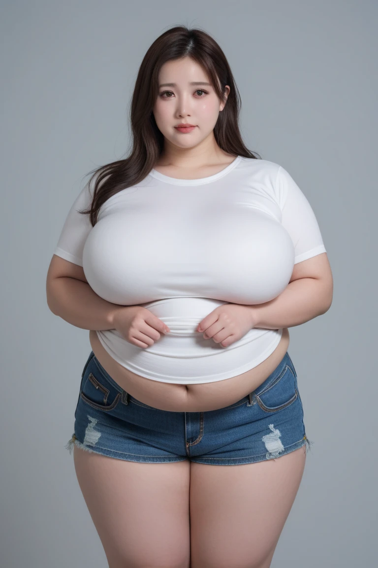 Femme très grosse, profil, debout de profil , Makima, bbwchan, cheveux rouges et yeux jaunes, double menton, elle carresse son gros ventre mou et rebondi, full belly, aftermath, gros ventre rond, en forme de boule sous le jean taille haute. Elle porte un jean taille très haute et un haut en dentelle, belle lumière sur elle, magnifique femme obese