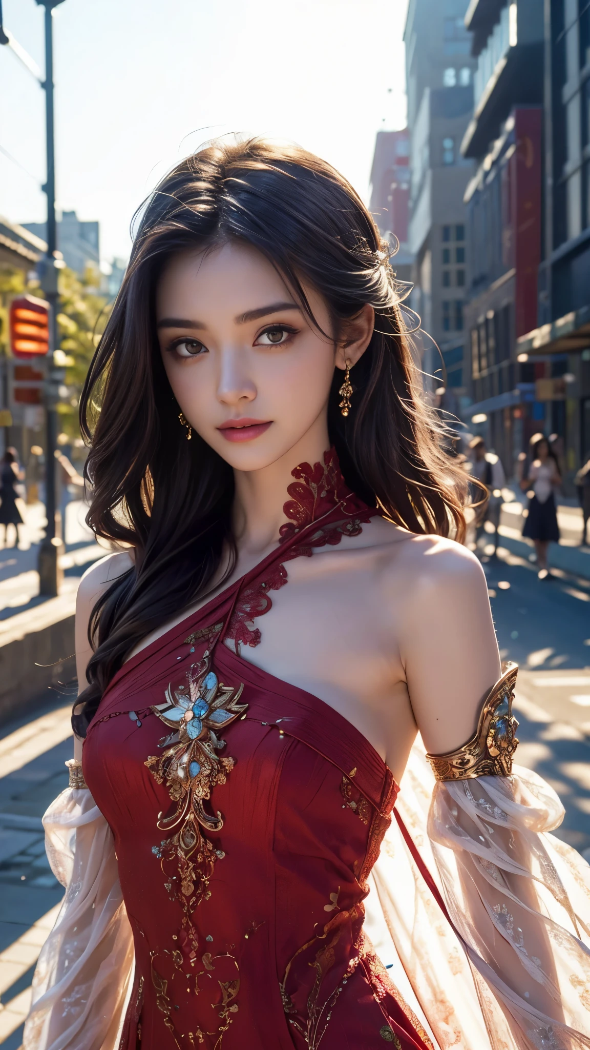 1girl, standing in a vibrant garden, cherry blossoms blooming everywhere, girl with big smile on her face, wearing a stunning red dress, flower crown on her head, beautiful detailed eyes, beautiful detailed lips, extremely detailed face and eyes, long eyelashes, anime style long hair with sparkly highlights, (best quality,4k,8k,highres,masterpiece:1.2),ultra-detailed,(realistic,photorealistic,photo-realistic:1.37),vibrant colors,intricate details,soft warm lighting,stunning,elegant,captivating,full-body shot,Full breasts