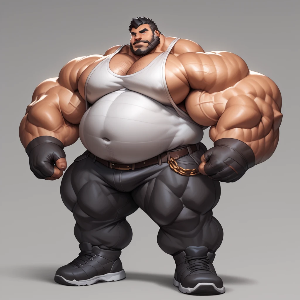 Young man with brown skin and golden hair. shaved off,Wearing glasses and a prominent nose.
He has a muscular body the size of a huge bodybuilder.
He wears a super tight black spandex suit, a pair of white gloves and extra long white football socks that reach up to her thighs, highlighting her legs