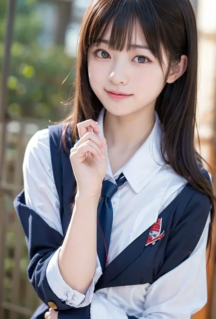 Wearing a white summer uniform with the school emblem on the left breast、The nipples are clearly visible、A middle school student blushing shyly and opening his mouth