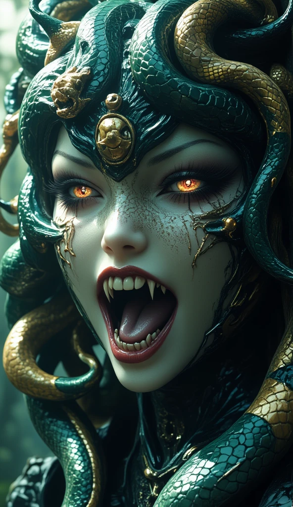 A female godess, White hair, green snake-like body, glowing eyes, a white and gold Chinese-style crown on the head, mouth open wide with fangs showing, surrounded by snakes made of light effects, a Chinese mythological background, created using Unreal Engine,  hkgod, mythp0rt