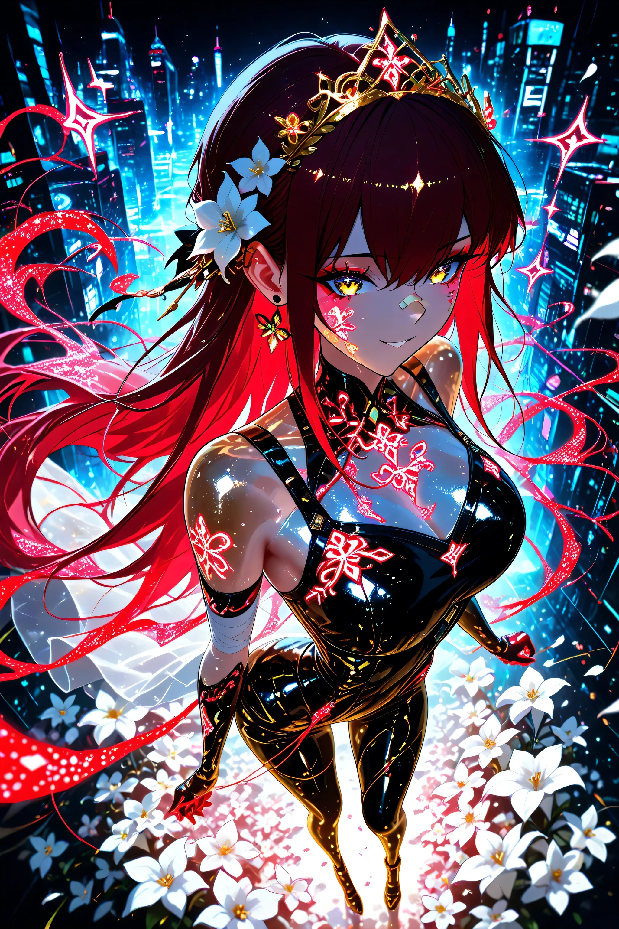 from above, (cyberpunk:1.4), earrings, jewelry, flower, armor, hair ornament, building, city, facial mark, petals, multicolored hair, hair flower, white flower, weapon, bandaid, pills, sickly, eyebags, bandages, medications, stitches, hurt, ill, bandaid on face, hair ornaments, kawaii 1 girl , golden eyes , very long hair , long sidelocks, red hair ,half updo, petite , very cute , beautiful ,Straight hair, cool, handsome, hair between eyes, sexy, female, medium large breasts, solo, (sharp focus, very aesthetic), (sparkling effect, glittery skin, oiled skin, glitter, shimmer, grow photos, sparkle powder:1.2), full body shot, face focus, catch light, facing forward, smile, looking at viewer, (perfect hands, perfect face, perfect eyes), detailed background, natural light, three-point lighting, (master piece, 8k high-resolution), (glow red makeup:1.2), (jewelry eyes:1.2), (floral tiara), ((exquisite illustration of a girl wearing flowers)), ((blooming flowers)), ultra detailed, perfect light, (glitter, shiny skin), {{neon, neon colours, neon glow}}, ((cyber background)), {{syber clothes, syber suit, cyber outfit}}