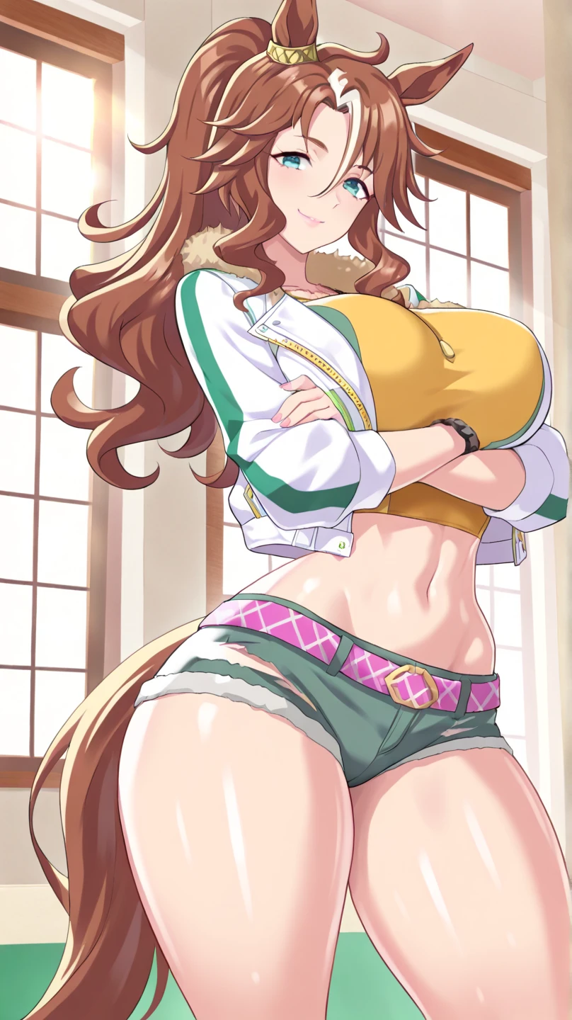 masterpiece, best quality, realistic, adult girl, smile, Aqua Konosuba, long brown hair, brown eyes, bright eyes, short shirt, perfect belly, ripped short shorts, tight tights, perfect legs, parted lips, blush, night, flowers, sun, sunlight.