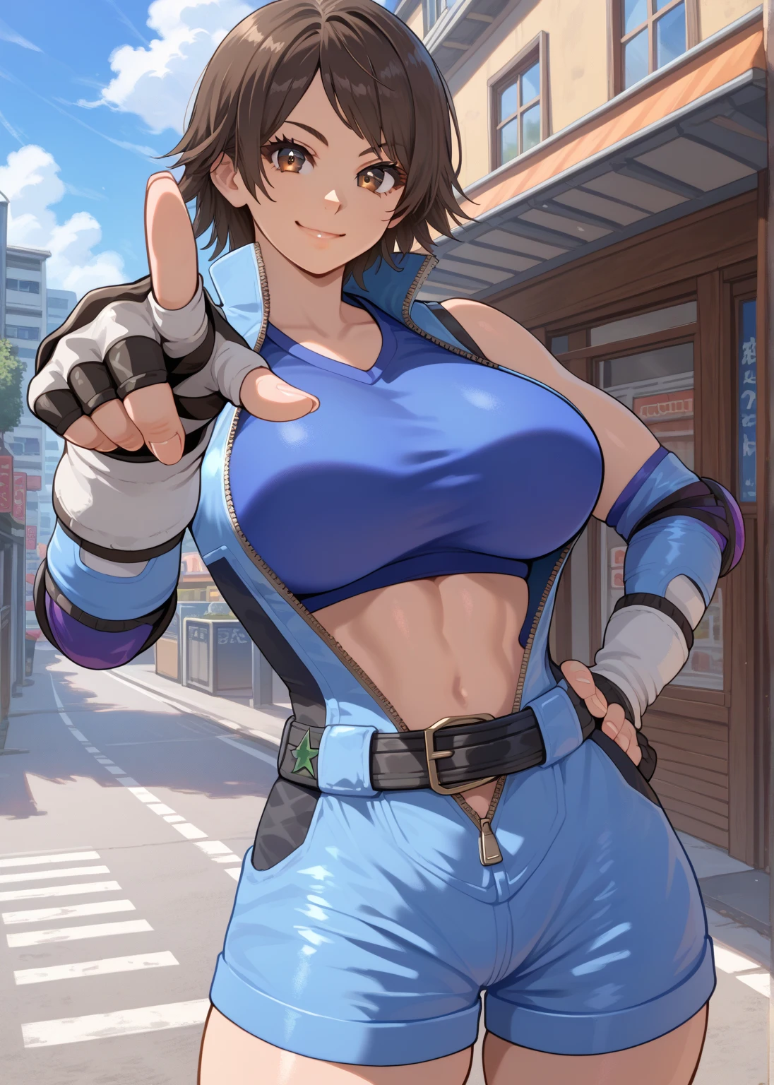 Browsing Caution, (Best image quality,highest quality,Highest Resolution, Ultra-Realistic Images,Very detailed,masterpiece),((Sticky with sweat)),Huge breasts, Erect nipples。Tight sports bra, ((show off breasts)),jeans, Abdominal muscles, Look Down, smile, Eyes in Love,Browsing Caution,