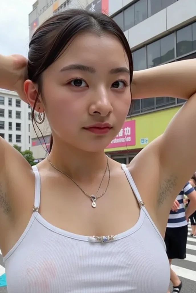 (best quality:1.2), masterpiece, Realistic, (Photo of a beautiful Japanese idol  woman:1.2), (((Very flat chest:1.4))), ((Baby Face)), (Wearing a sleeveless shirt), ((Show your sweaty armpits))), More about super smelly armpits, ((There are a lot of wrinkles under the armpits:1.4)), She has skin that sweats easily, ((Armpits are wet and shiny with sweat)), ((Upper Body)), Hold on to the railing of a train, Show your armpits, (Inside the train:1.3), (Crowded train:1.3)